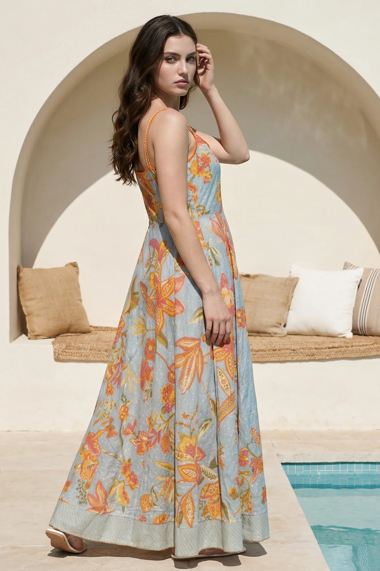 Blue Embroidered Cotton Blend Flared Dress and Gillet Set - Image 5