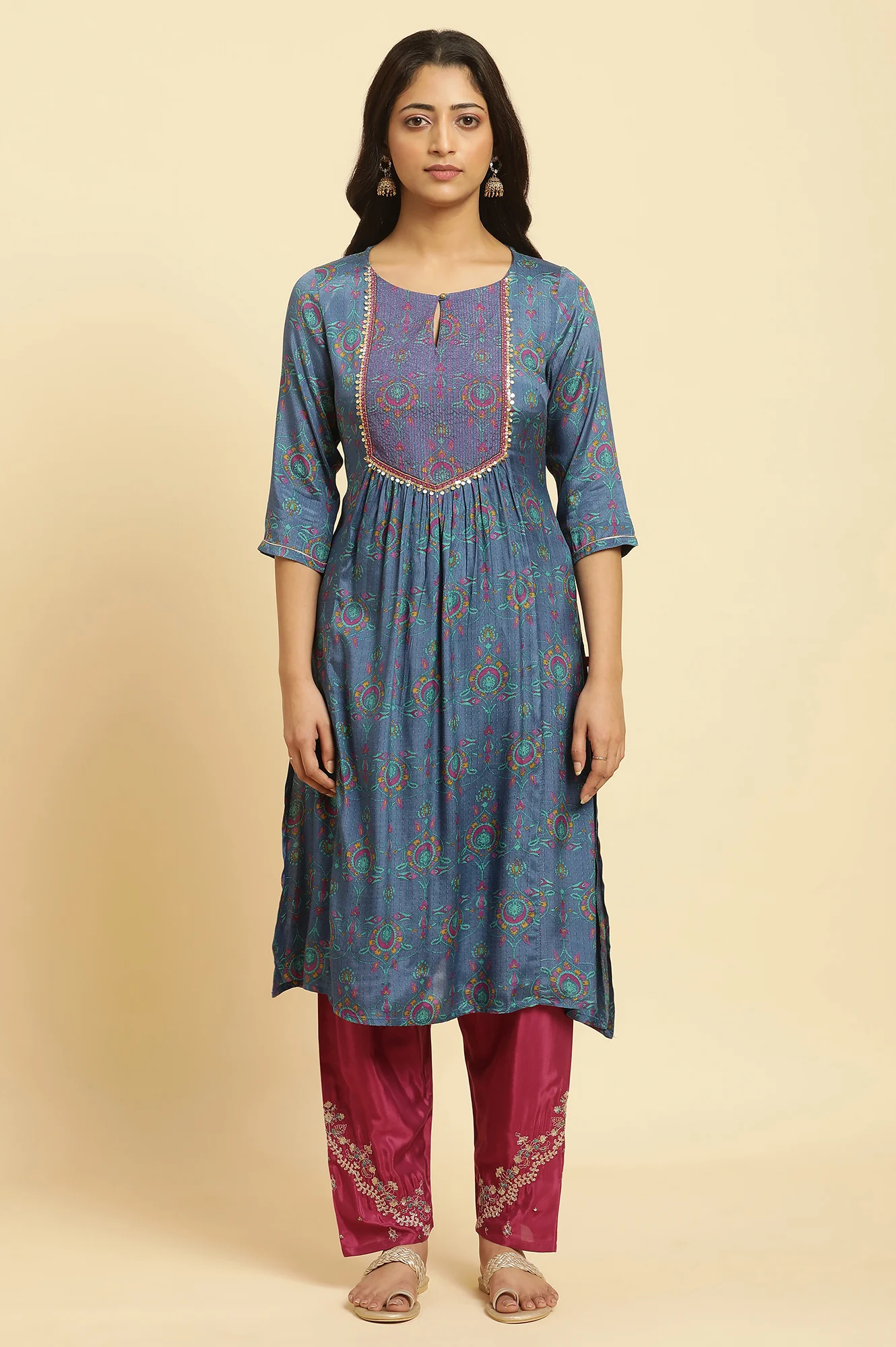 Blue Embroidered Festive Kurta - Image 2