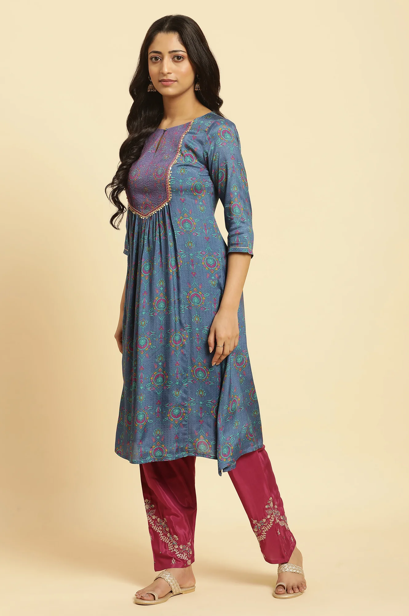 Blue Embroidered Festive Kurta - Image 3