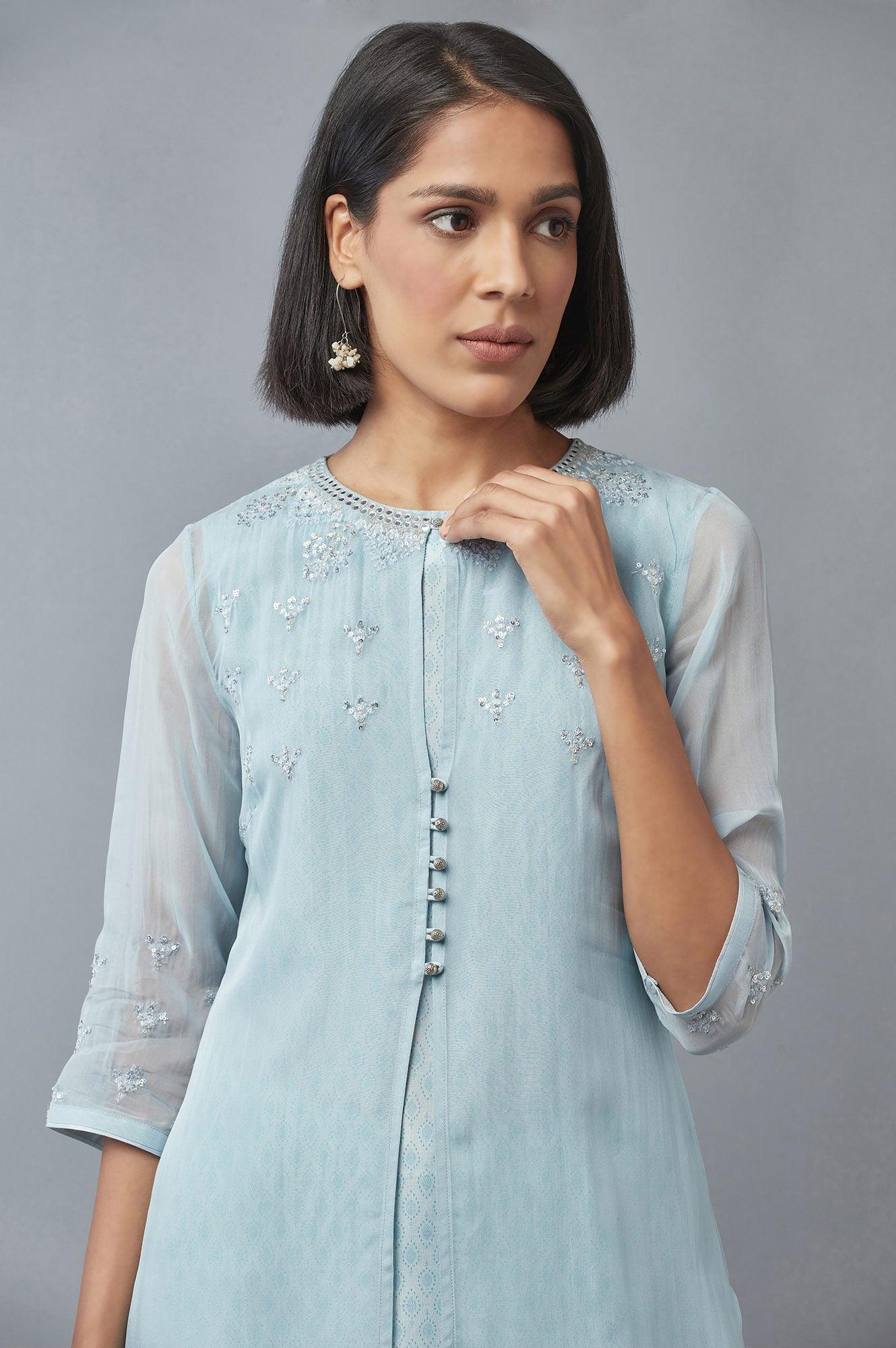 Blue Embroidered Gillet, kurta & Pants Set - Image 5