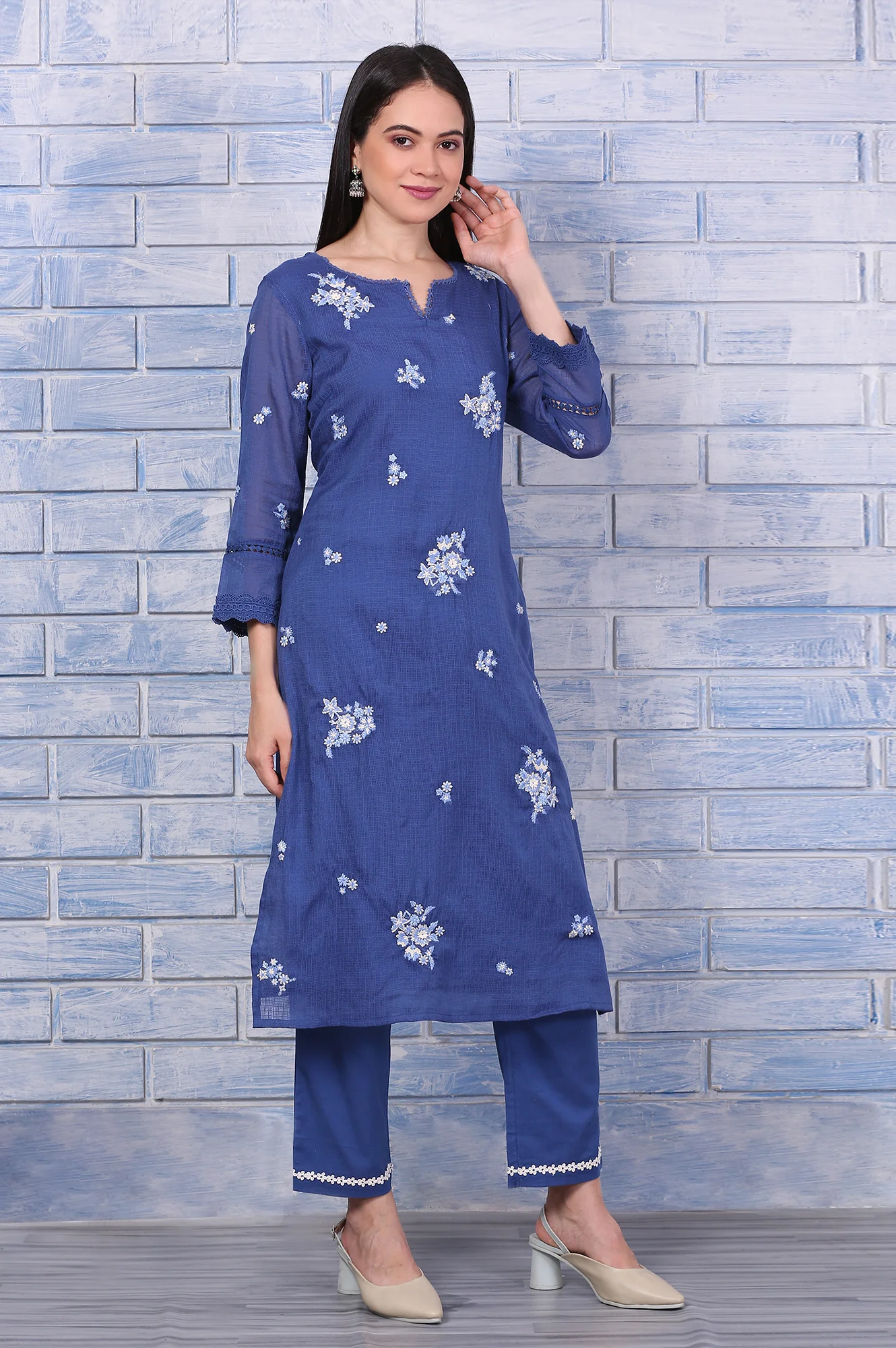 Blue Embroidered Kota Straight Kurta, Pants and Dupatta Set - Image 6