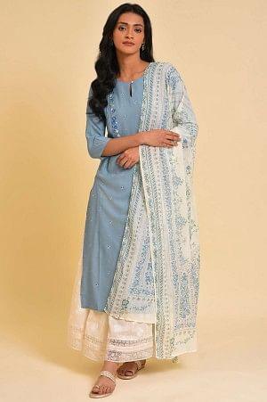 Blue Embroidered Kurta, Culottes And Printed Dupatta Set - Image 10