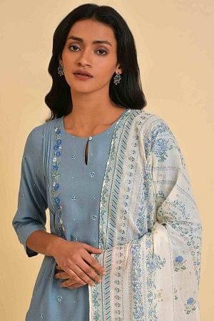 Blue Embroidered Kurta, Culottes And Printed Dupatta Set - Image 5
