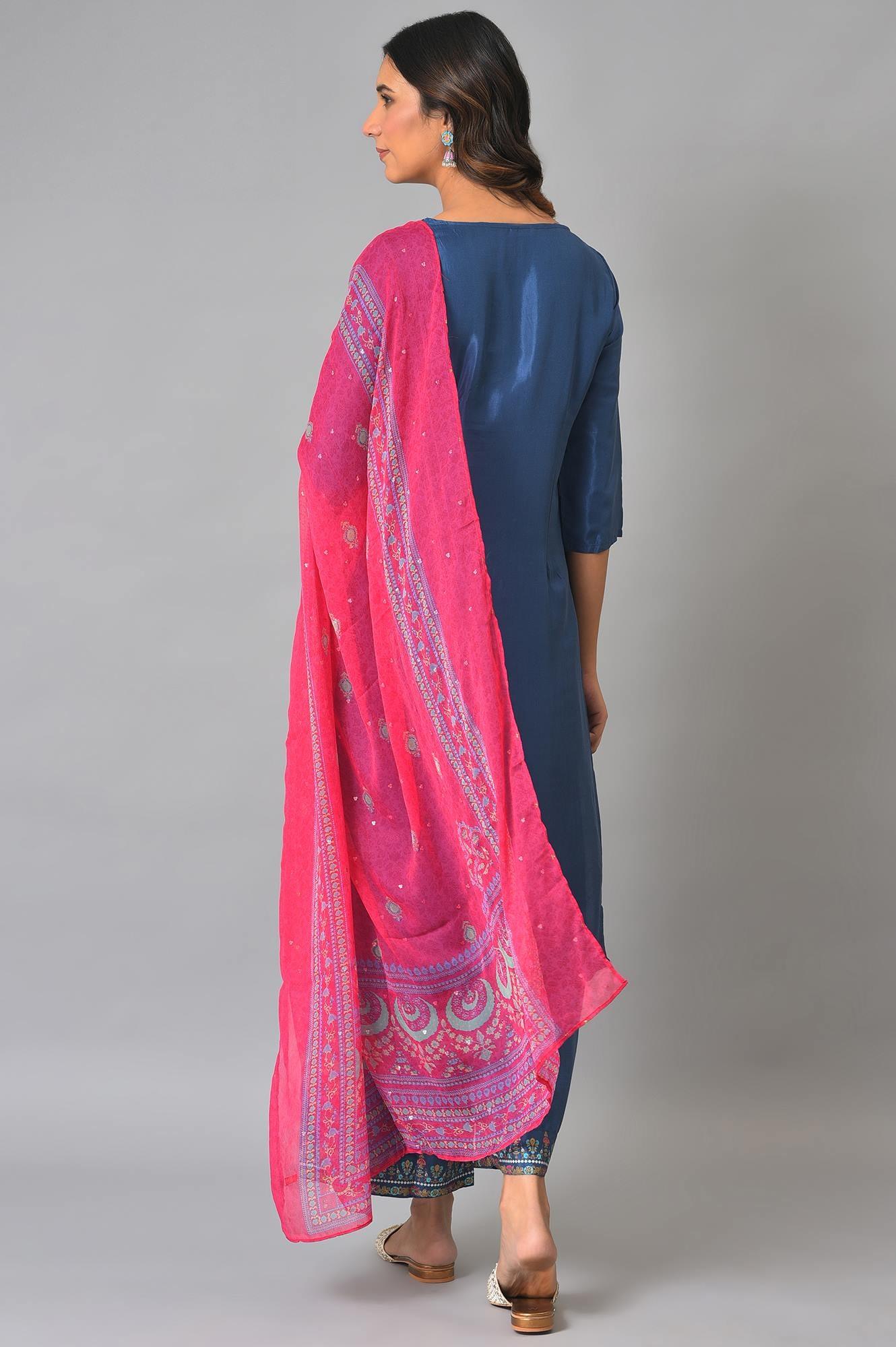 Blue Embroidered kurta With Parallel Pants And Pink Dupatta - Image 2