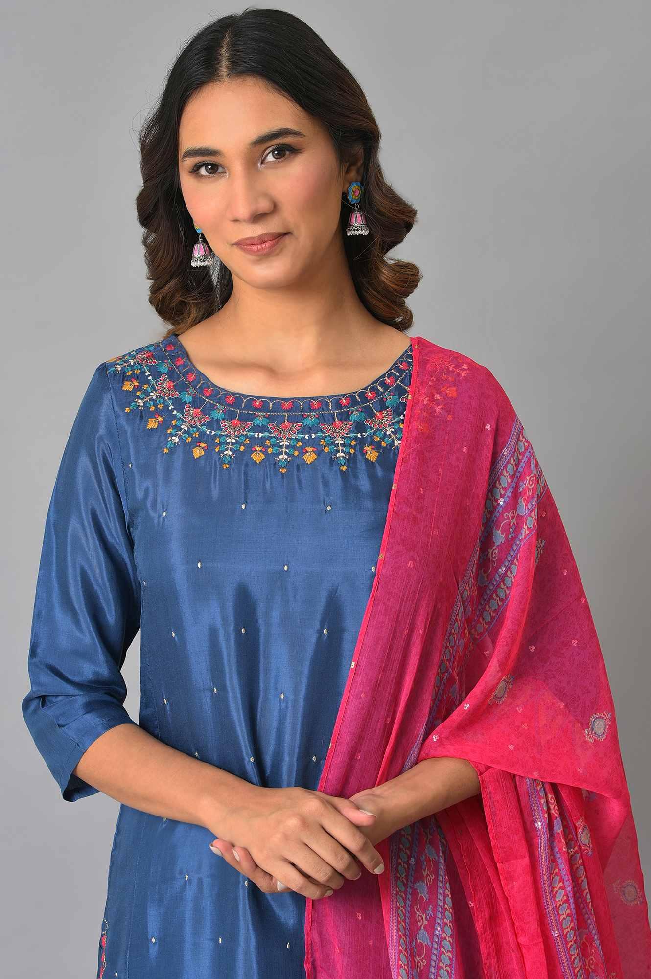 Blue Embroidered kurta With Parallel Pants And Pink Dupatta - Image 5