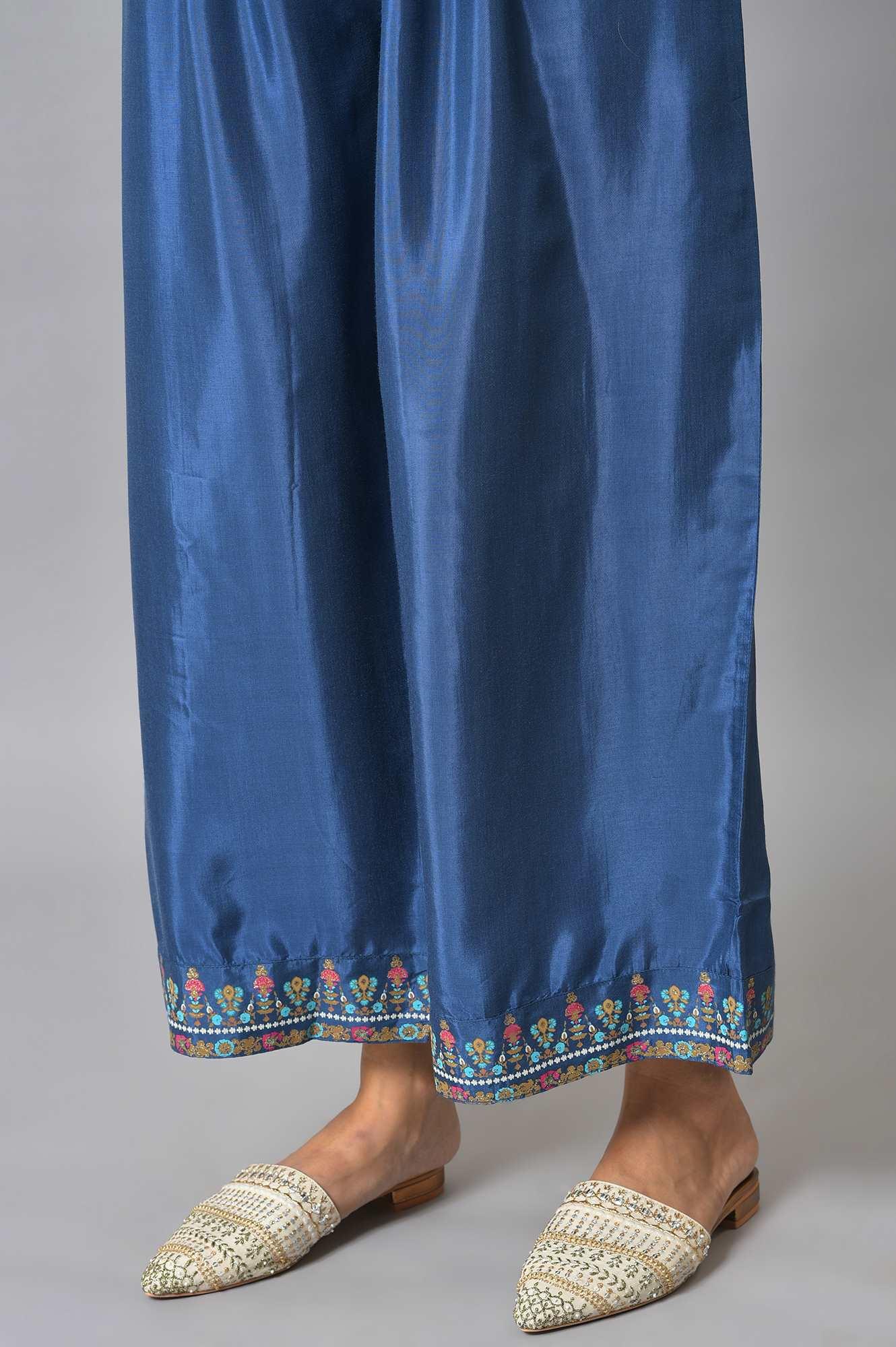 Blue Embroidered kurta With Parallel Pants And Pink Dupatta - Image 8