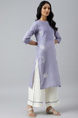 Blue Embroidered kurta with Pintuck Yoke and Ecru Embroidered Parallel Pants Set - Image 3