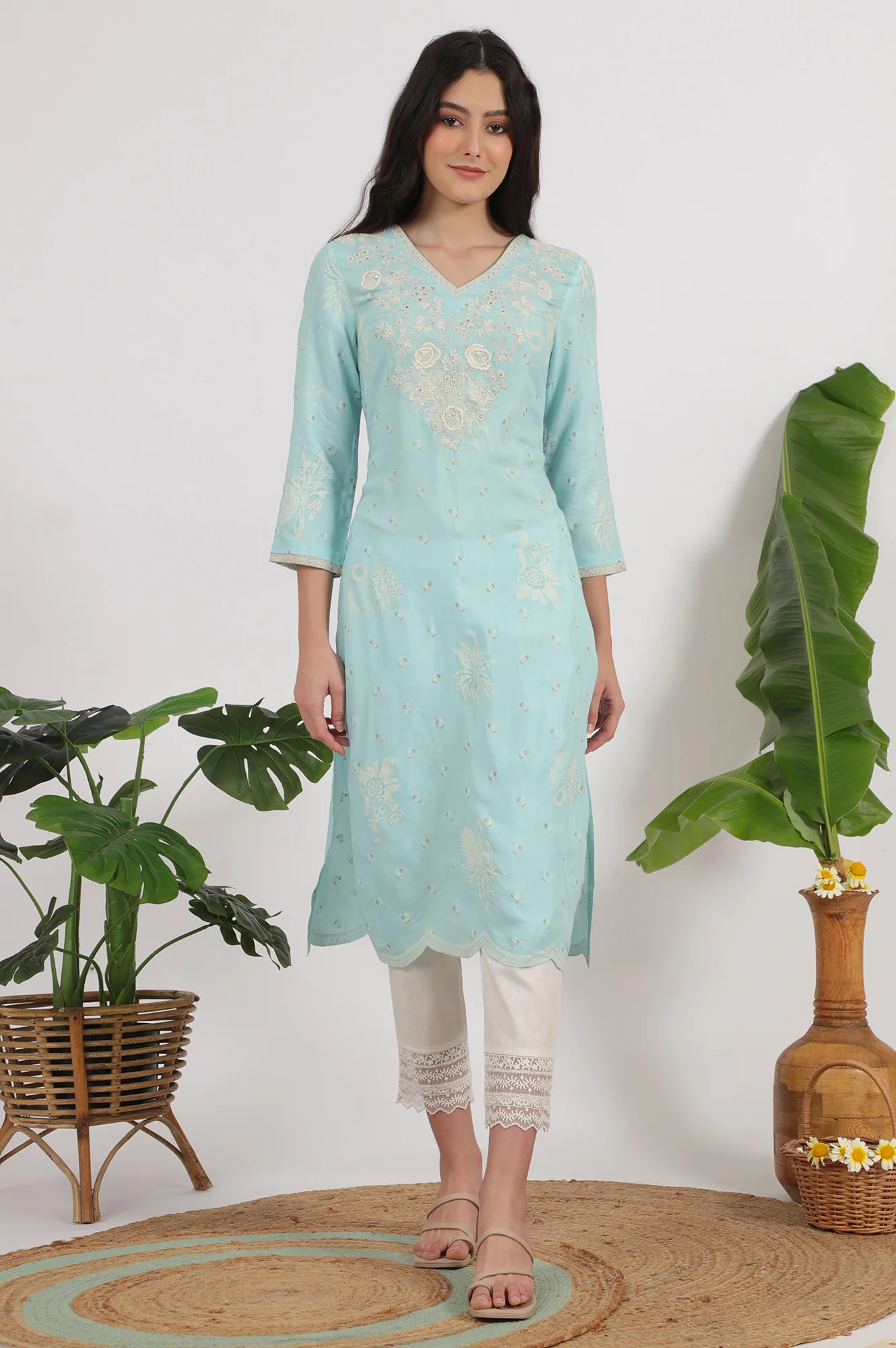 Blue Embroidered Rayon Straight Festive Kurta - Image 2