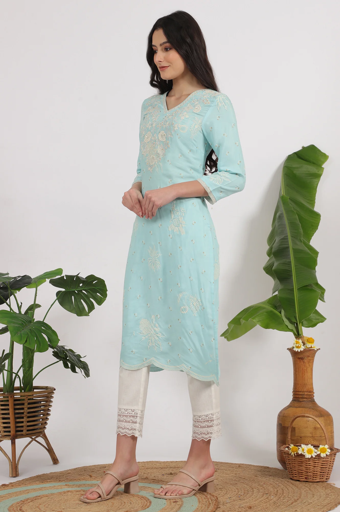 Blue Embroidered Rayon Straight Festive Kurta - Image 4