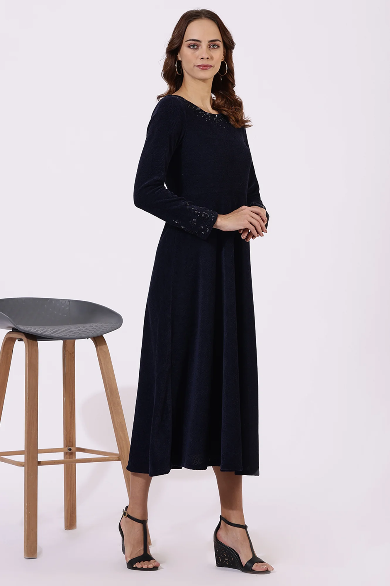 Blue Embroidered Sequins Flarred Dresses - Image 6