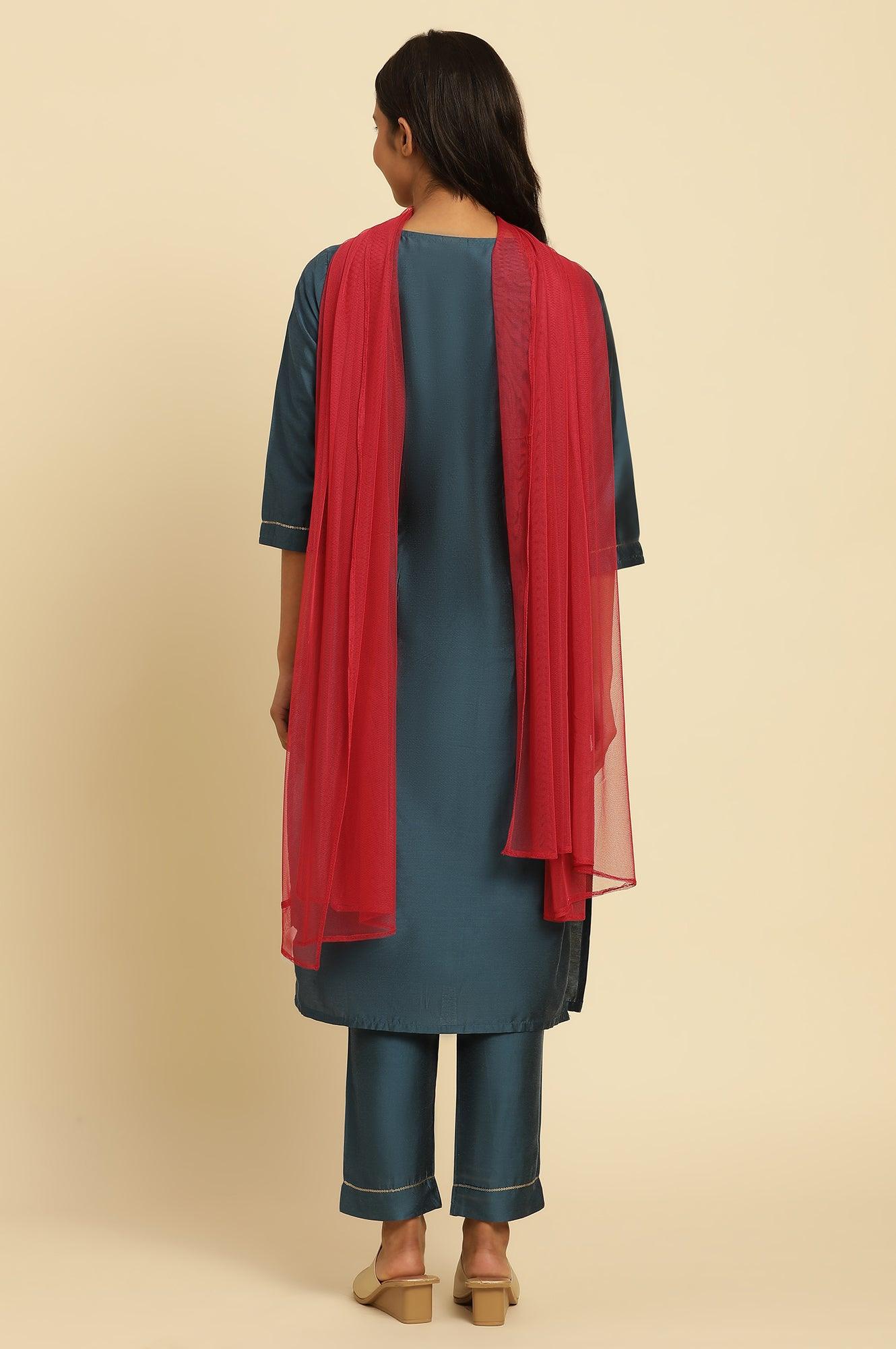 Blue Embroidered Shantung Kurta, Pants And Dupatta Set - Image 5