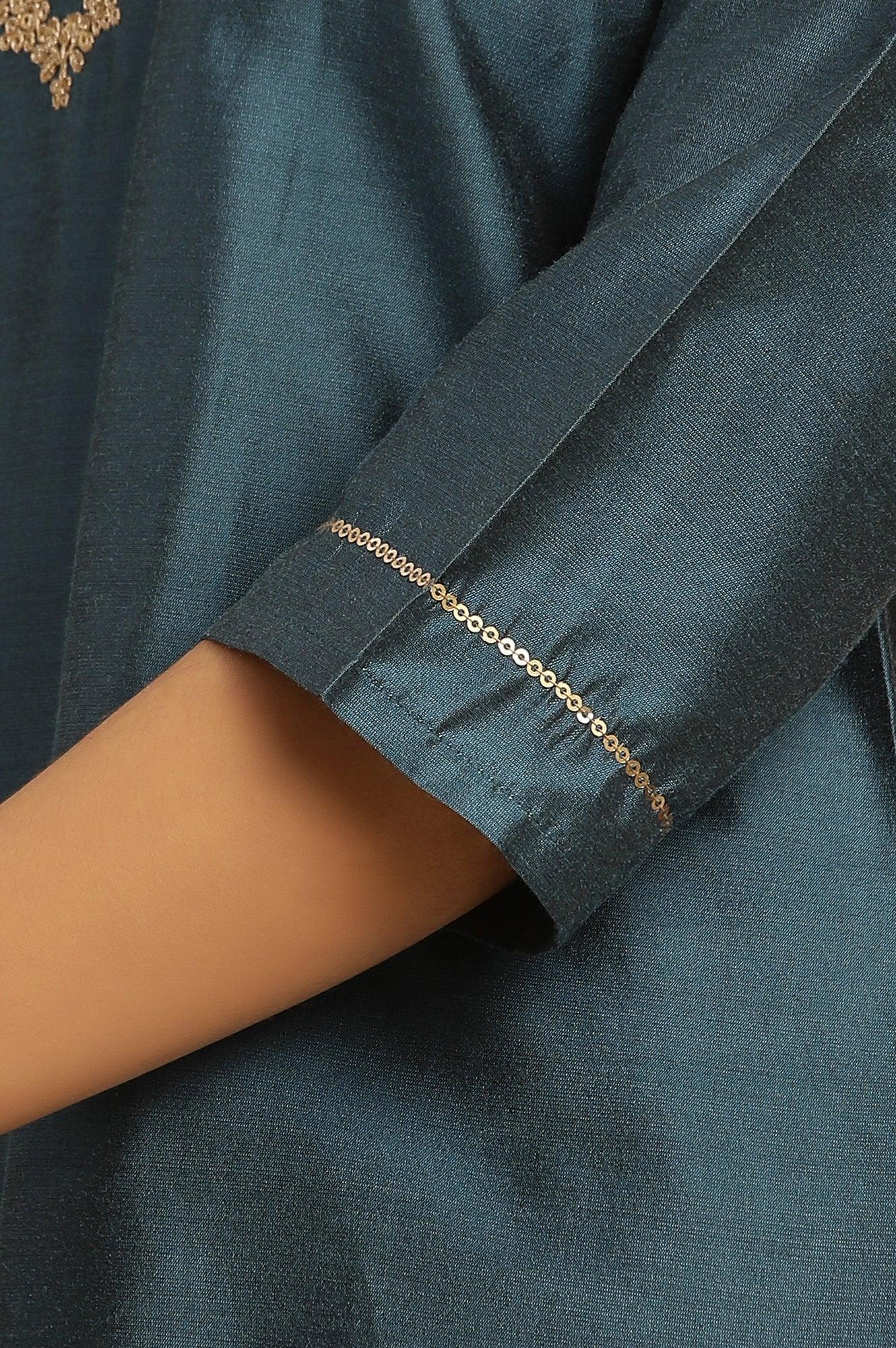 Blue Embroidered Shantung Kurta, Pants And Dupatta Set - Image 8
