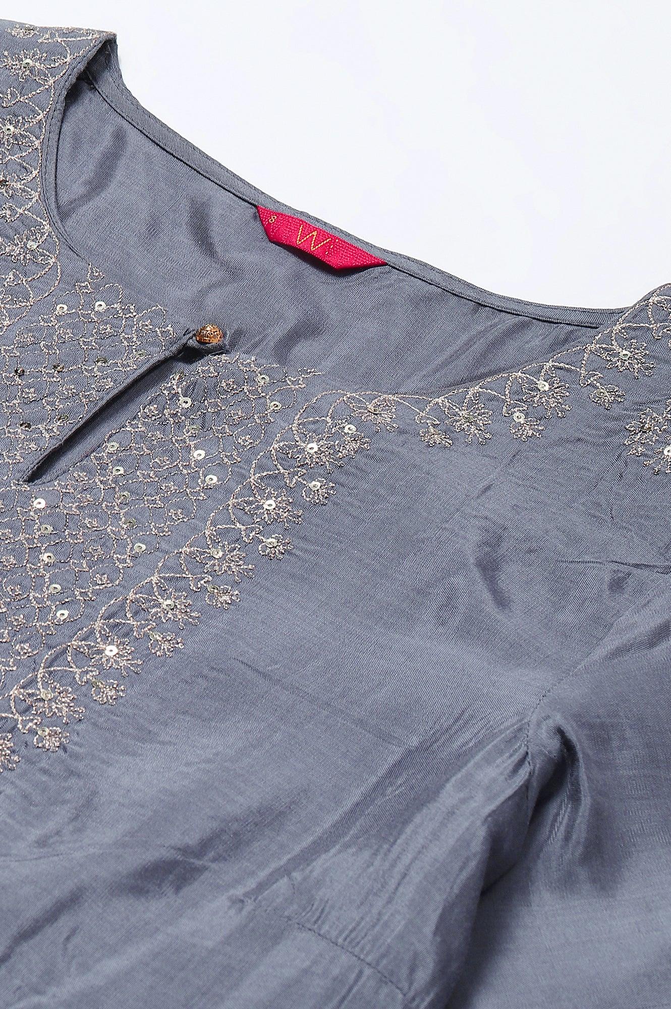Blue Embroidered Straight kurta-Parallel Pants-Dupatta Set - Image 2