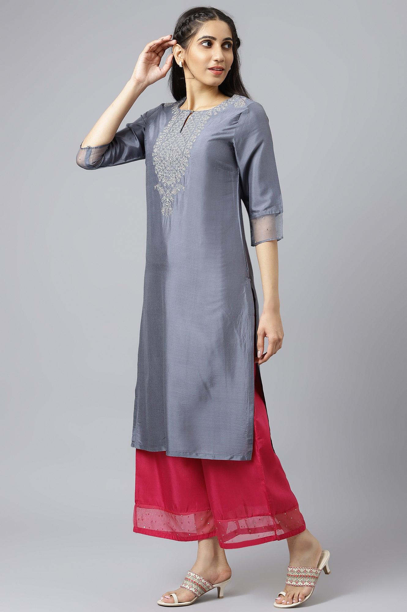 Blue Embroidered Straight kurta-Parallel Pants-Dupatta Set - Image 4