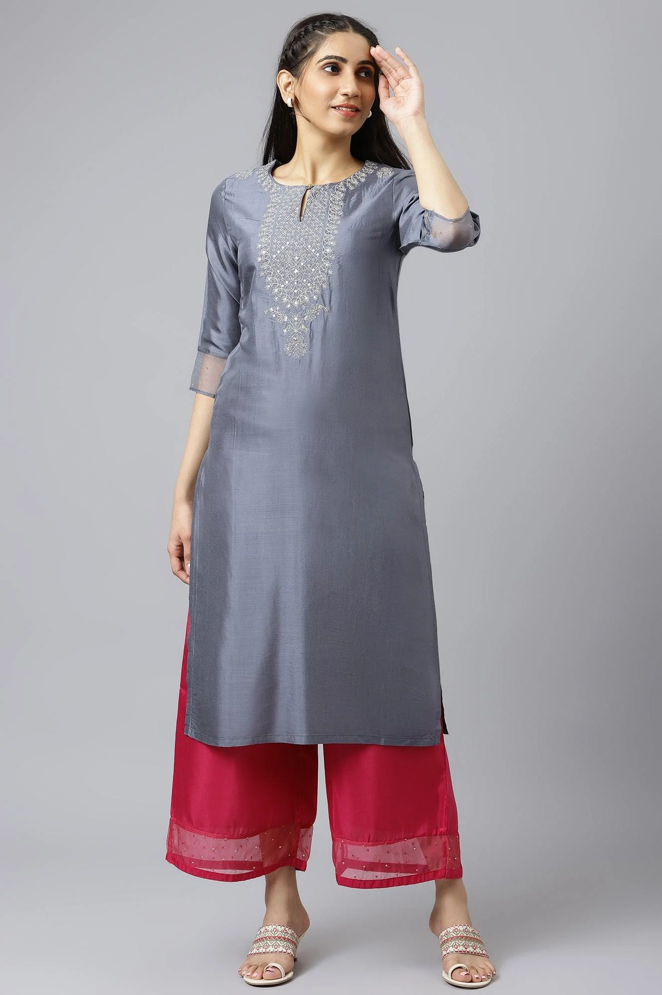 Blue Embroidered Straight kurta-Parallel Pants-Dupatta Set - Image 6