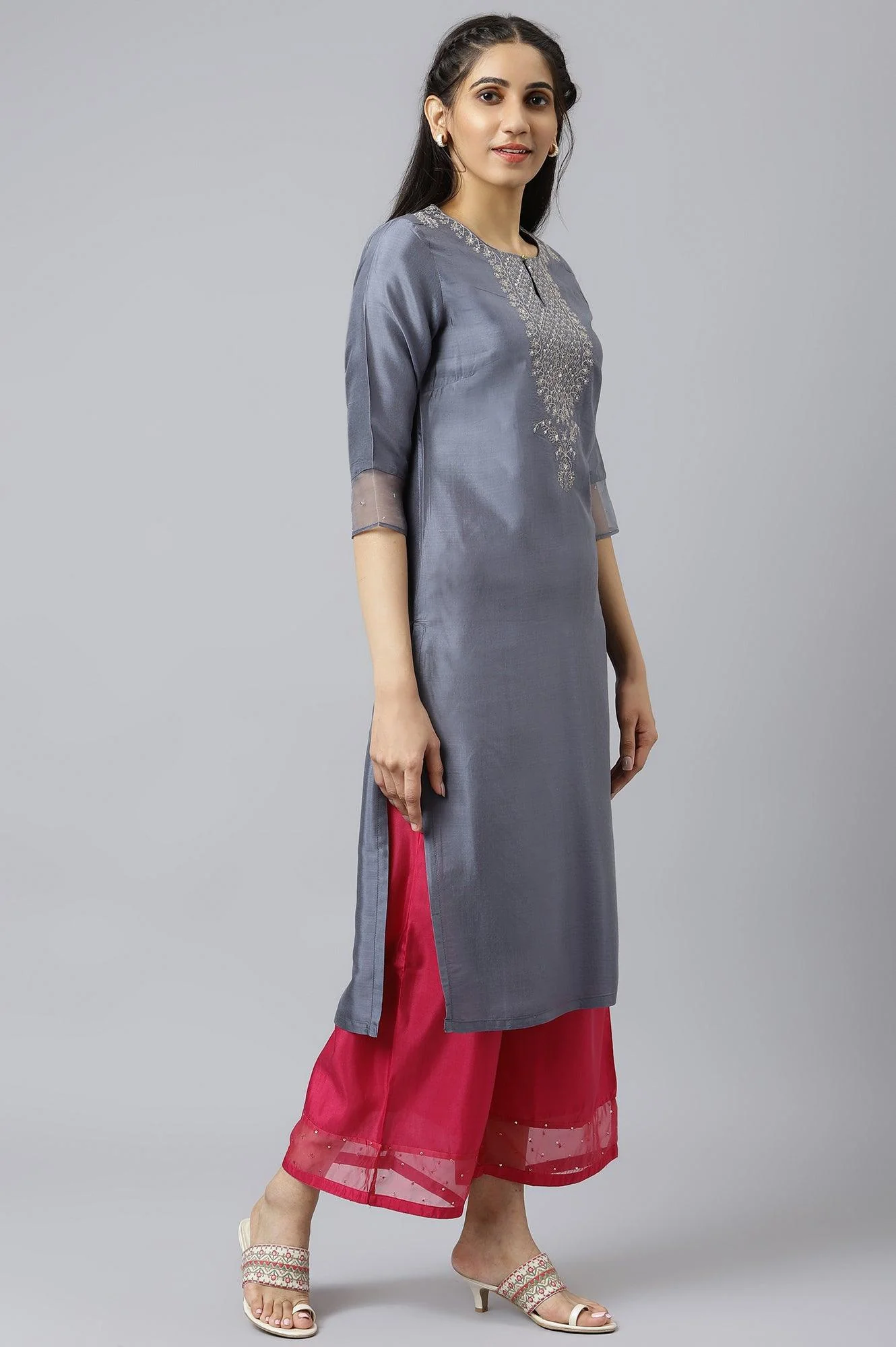 Blue Embroidered Straight kurta-Parallel Pants-Dupatta Set - Image 7