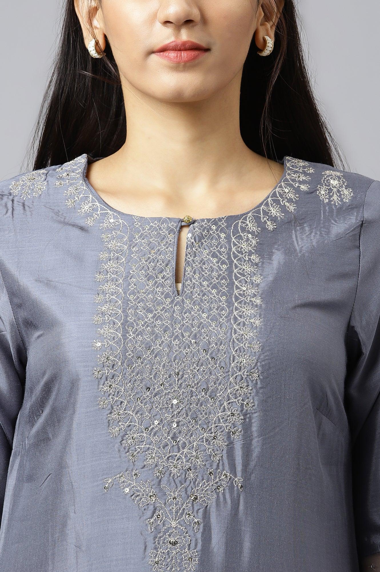 Blue Embroidered Straight kurta-Parallel Pants-Dupatta Set - Image 9