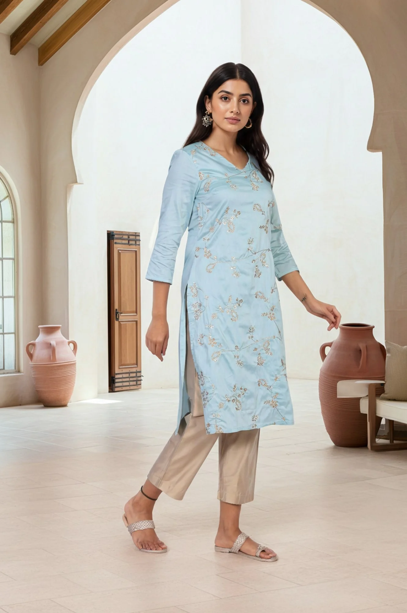 Blue Embroidered Straight Rayon Kurta - Image 4