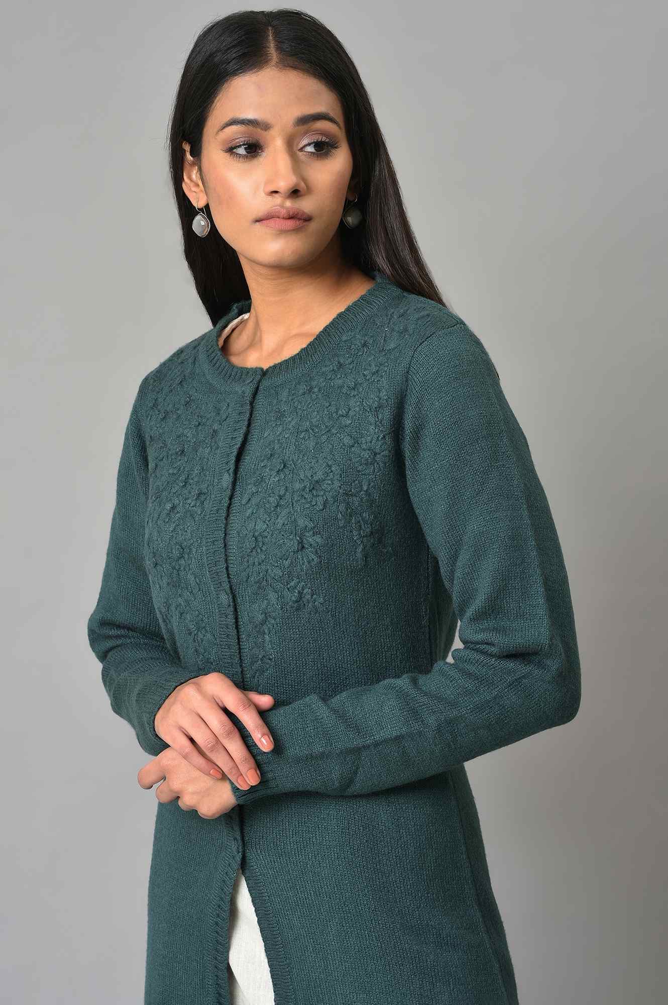 Blue Embroidered Women Cardigan - Image 5