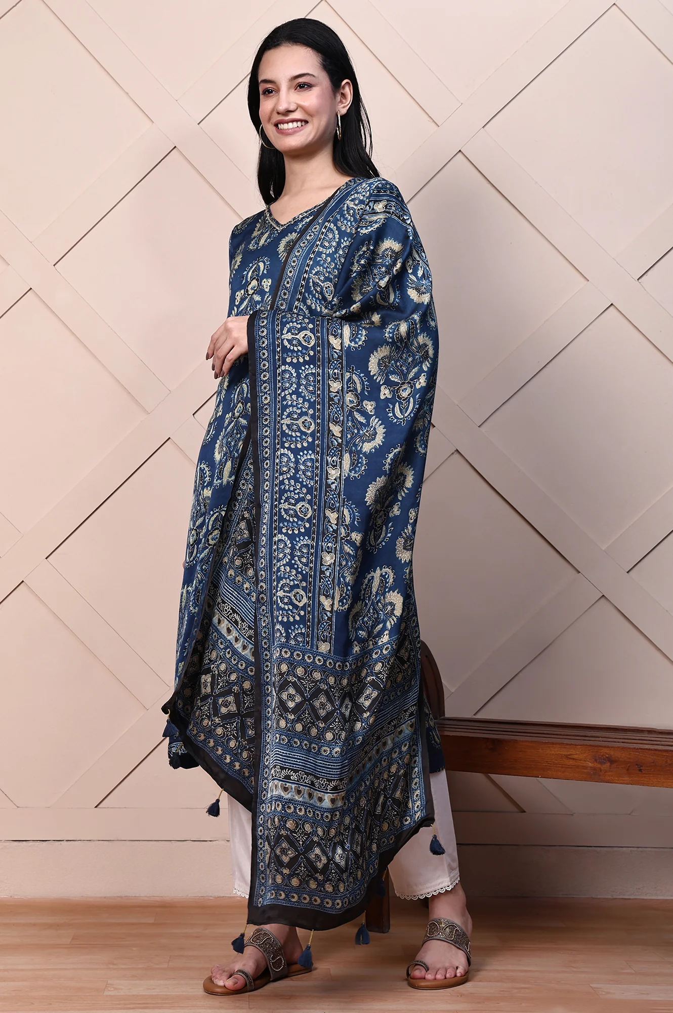 Blue Ethnic Motifs Satin Dupatta with Tassels - Image 2