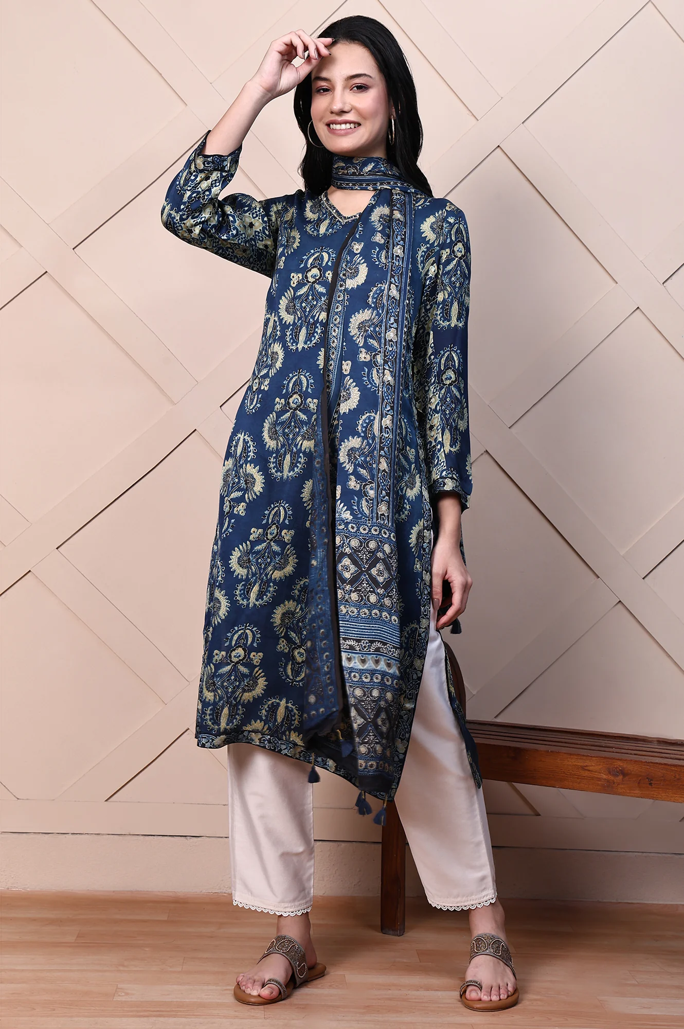 Blue Ethnic Motifs Satin Dupatta with Tassels - Image 4