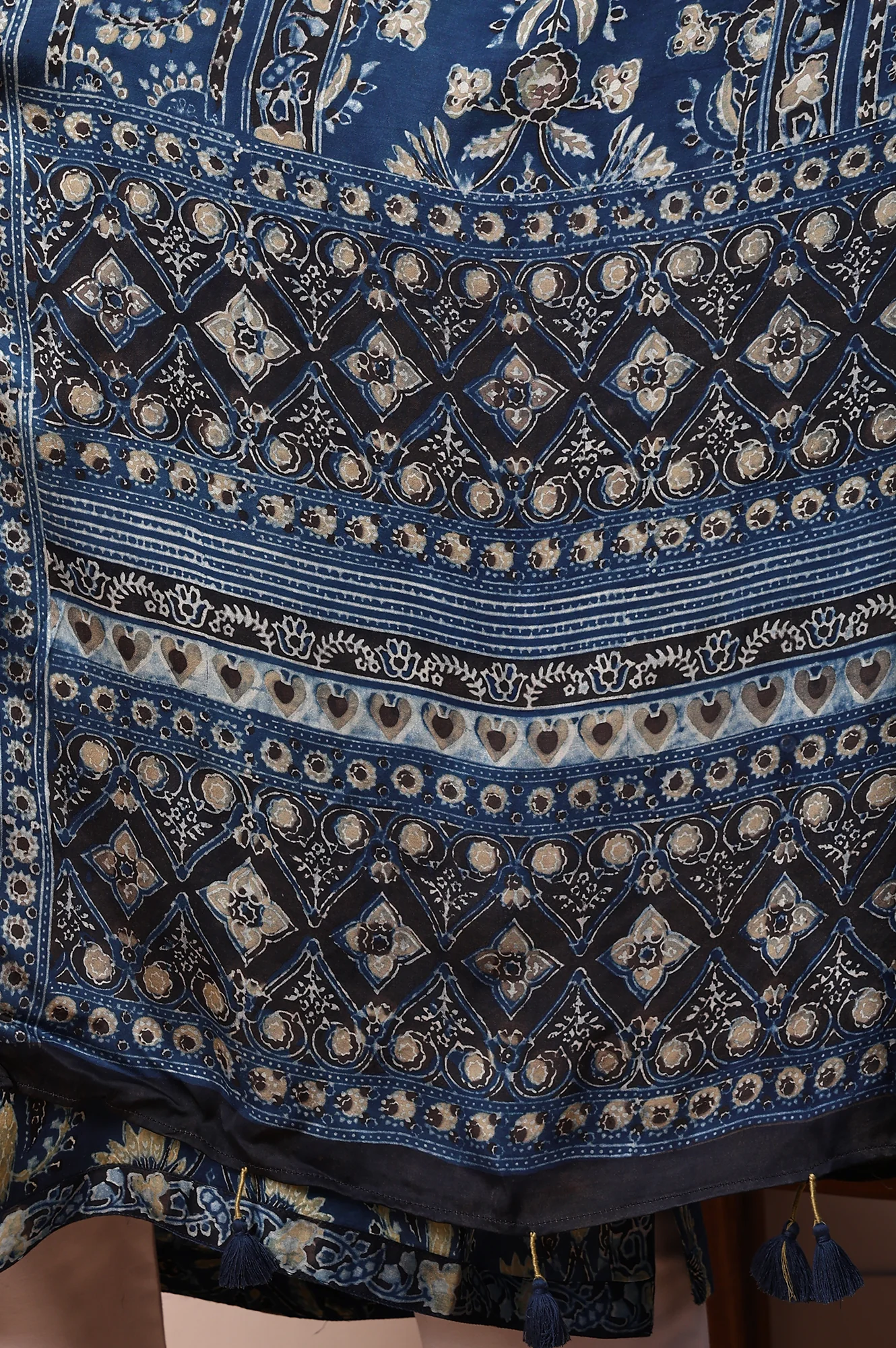 Blue Ethnic Motifs Satin Dupatta with Tassels - Image 5