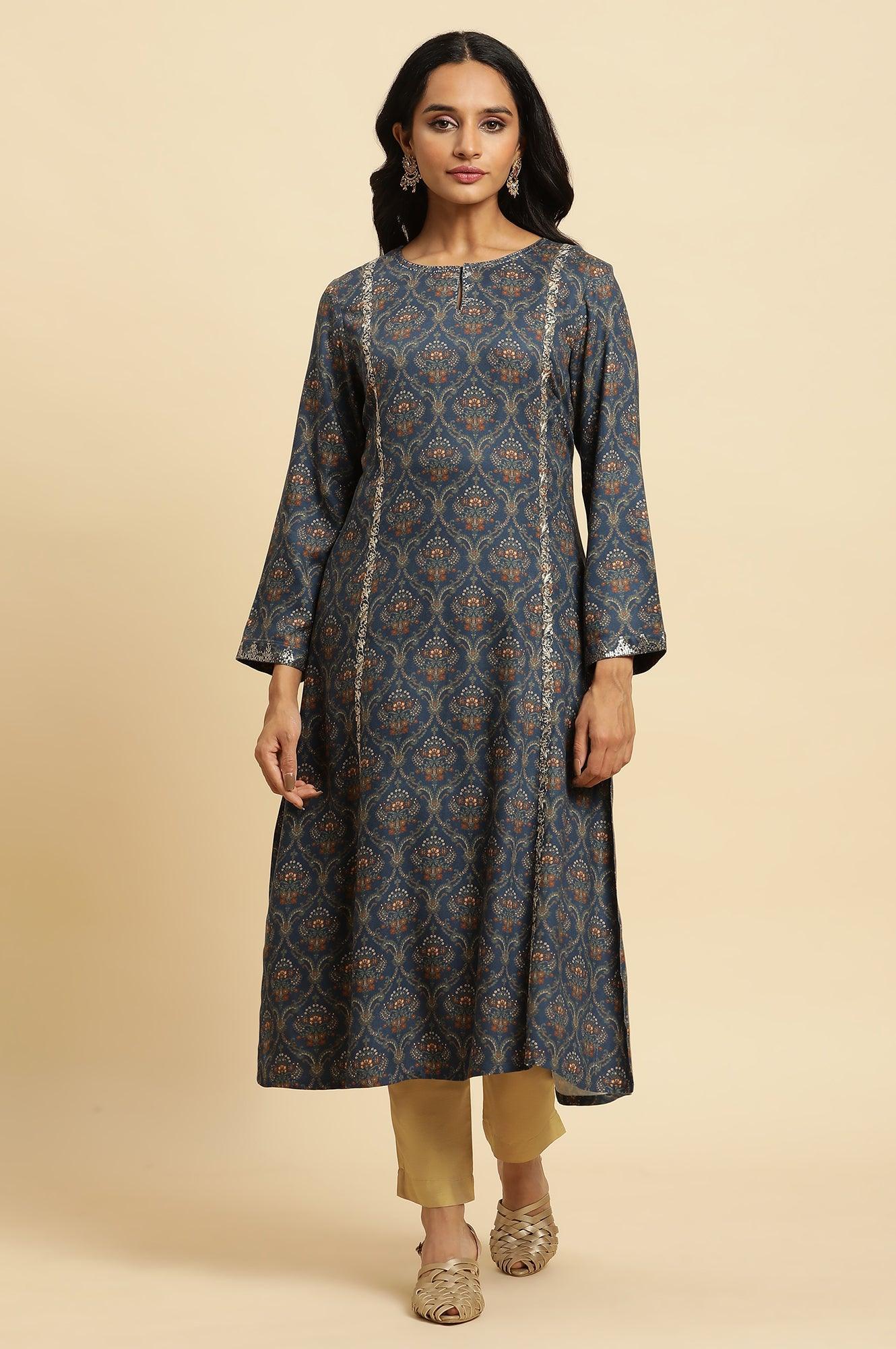 Blue Flared Booti Printed Winter Kurta - Image 2