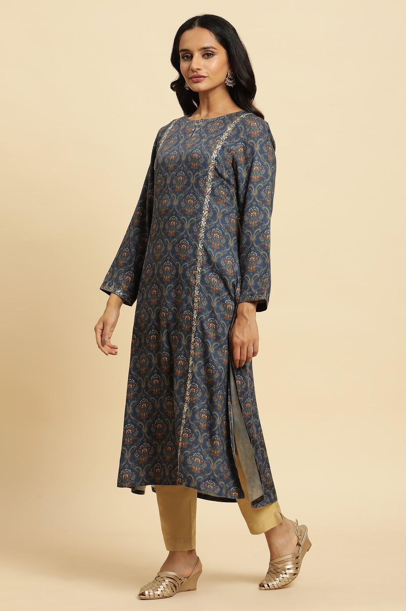 Blue Flared Booti Printed Winter Kurta - Image 3