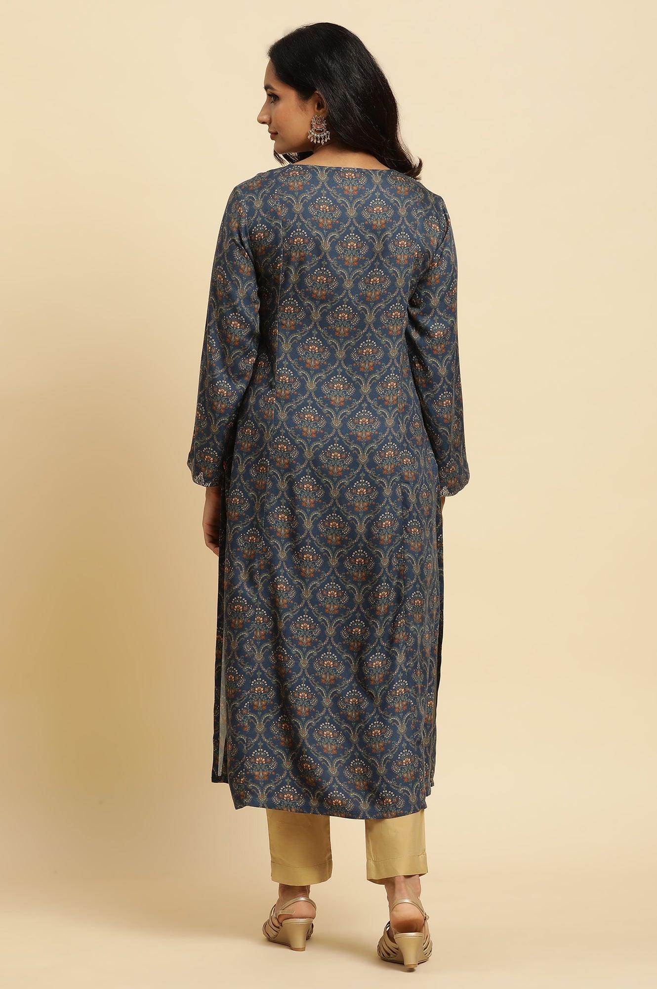 Blue Flared Booti Printed Winter Kurta - Image 4