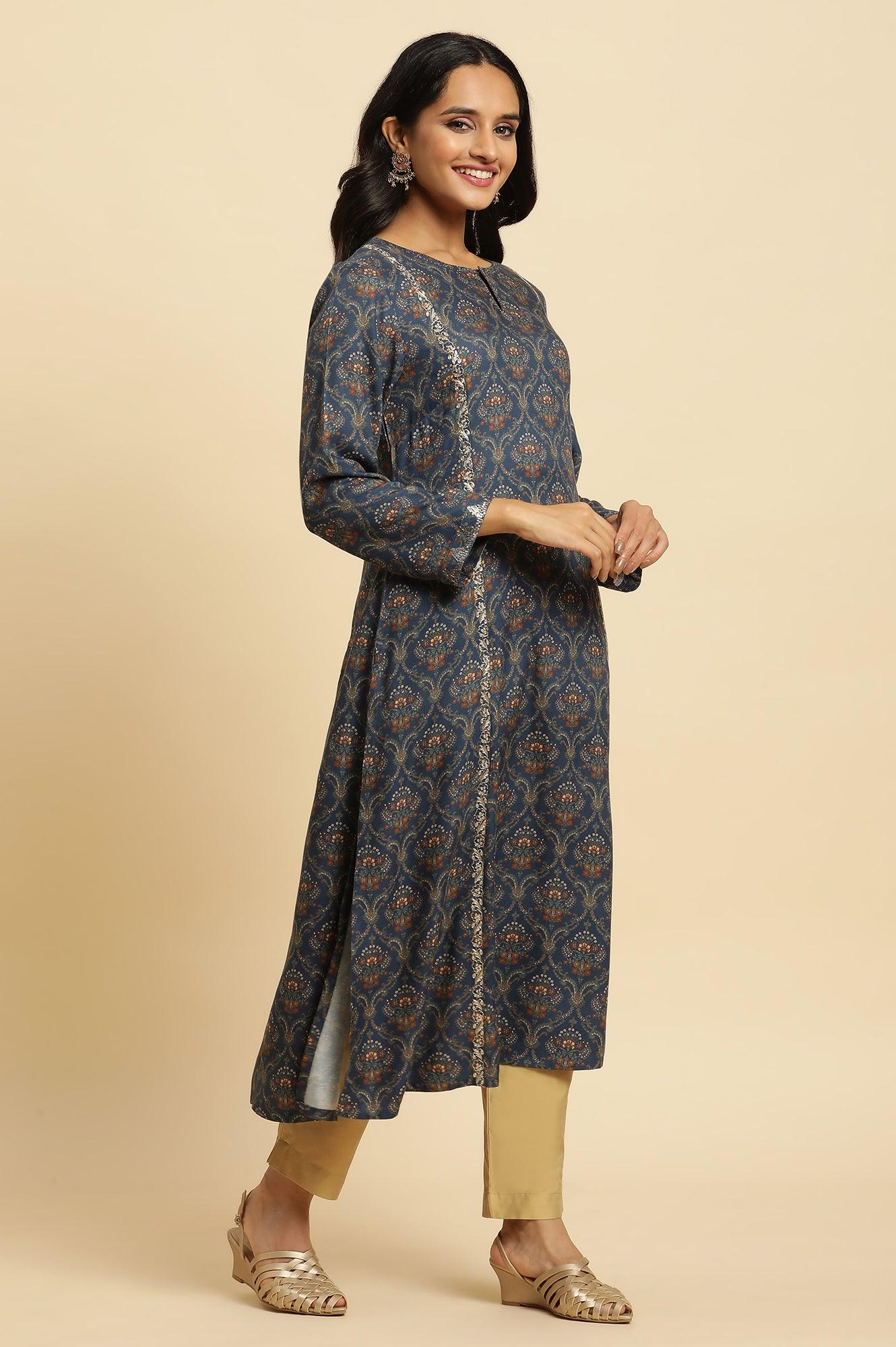 Blue Flared Booti Printed Winter Kurta - Image 5