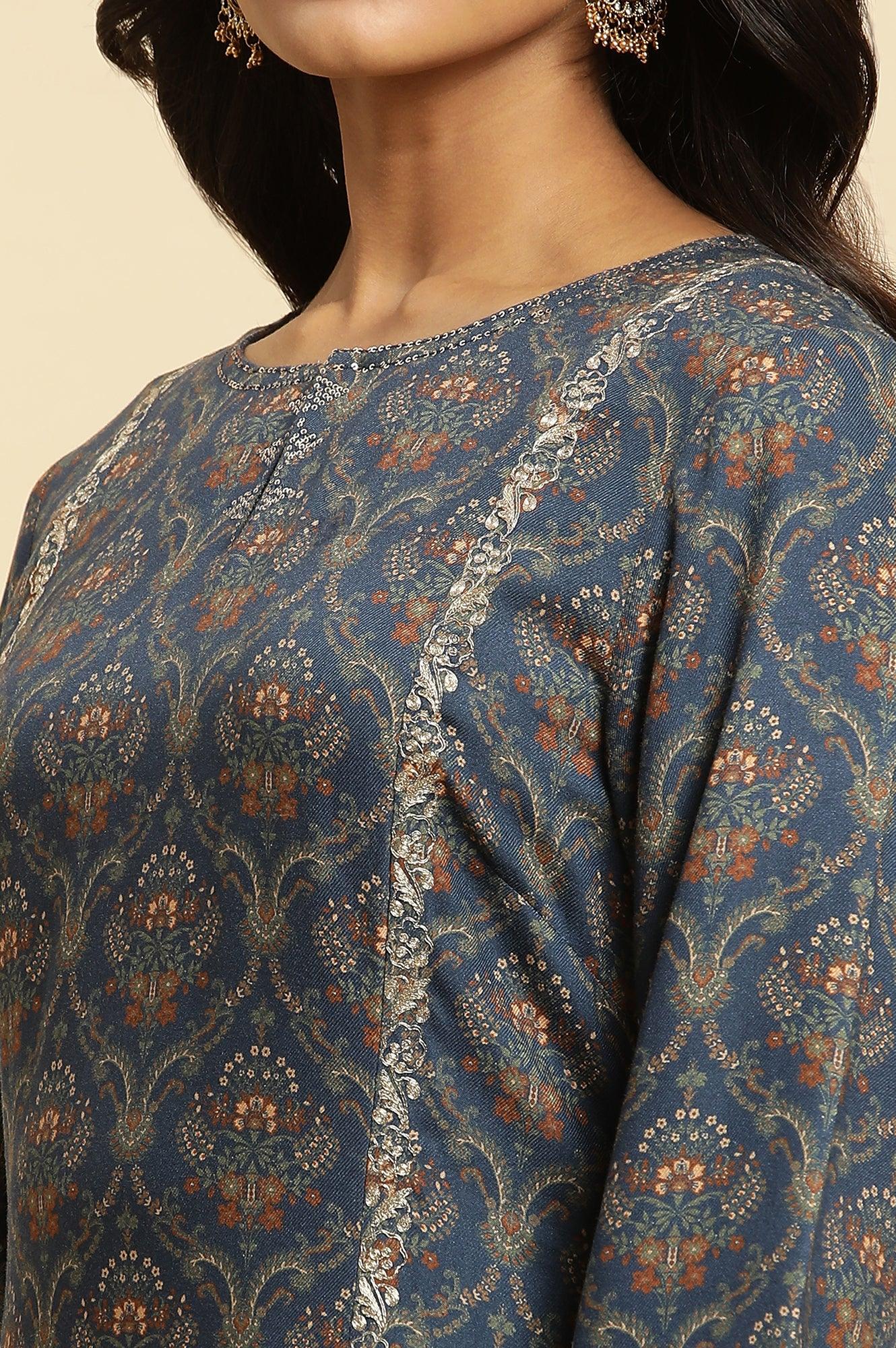 Blue Flared Booti Printed Winter Kurta - Image 6