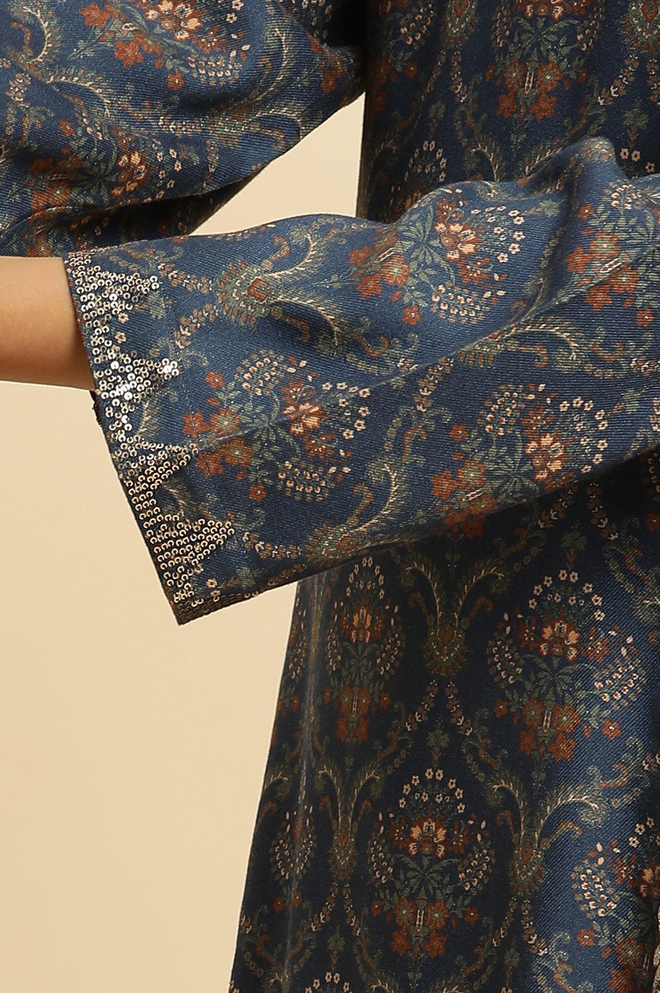 Blue Flared Booti Printed Winter Kurta - Image 7
