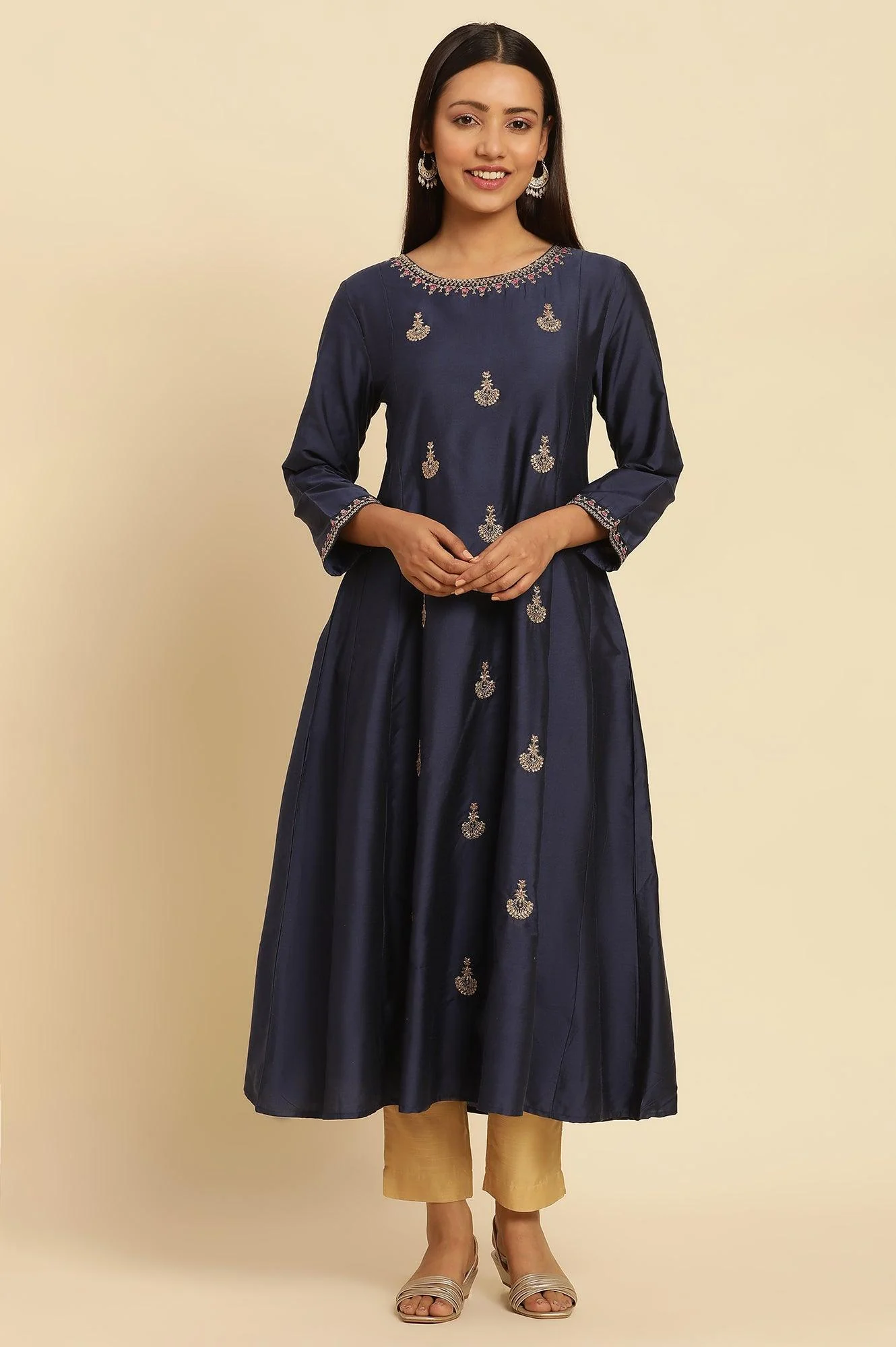 Blue Flared Embroidered Kurta - Image 2