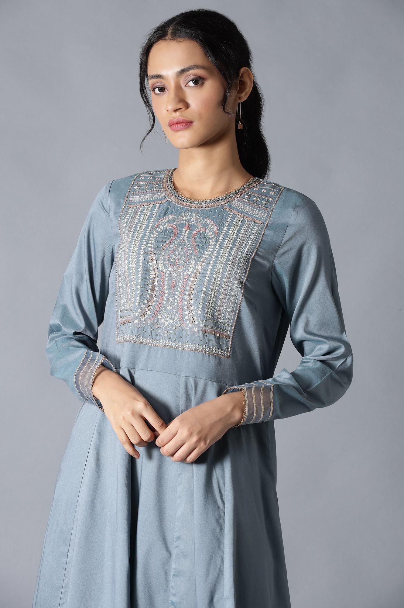 Blue Flared Round Neck Mughal Gown With Embroidery - Image 5
