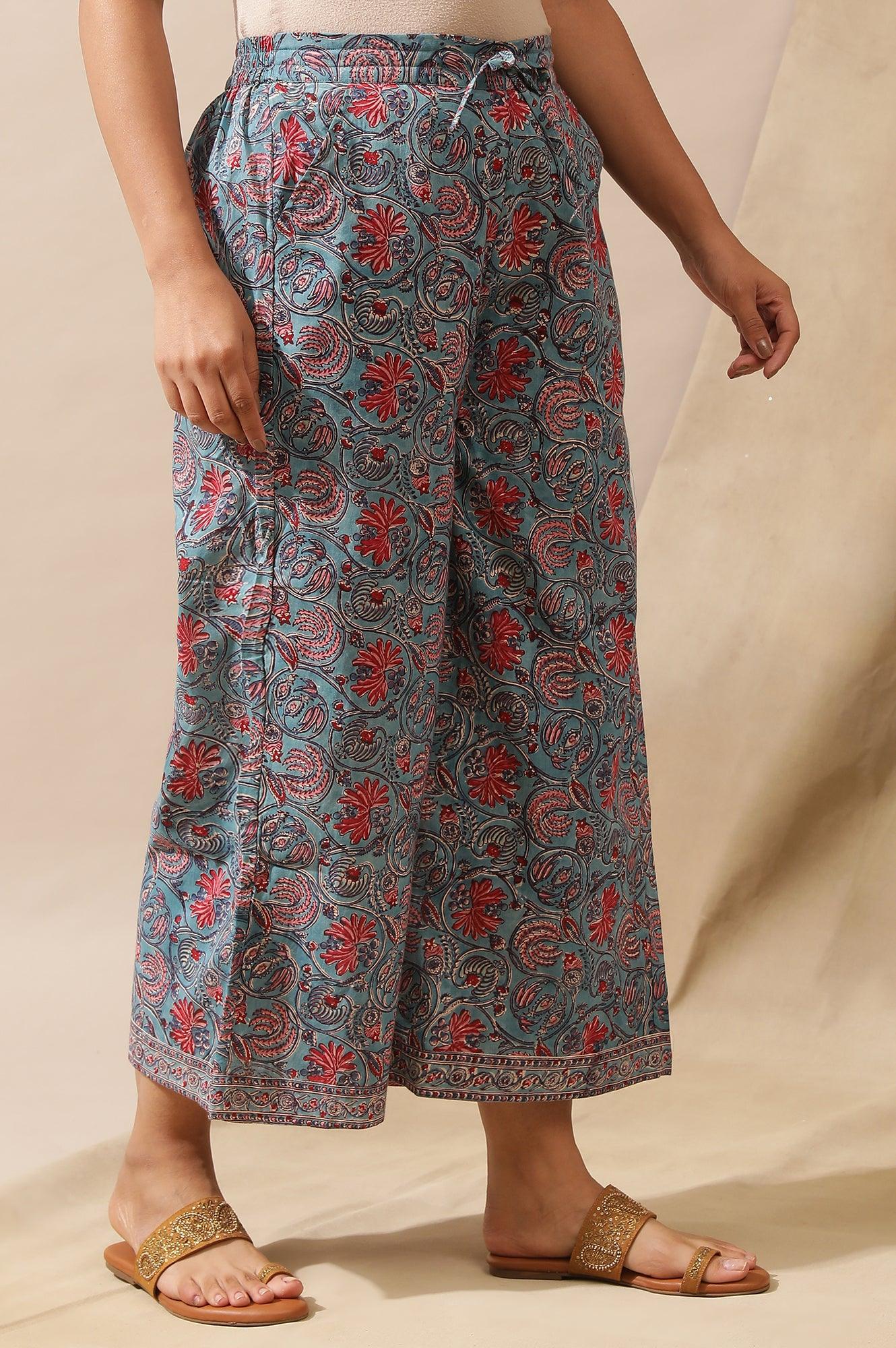 Blue Floral Multicolored Parallel Pants - Image 4