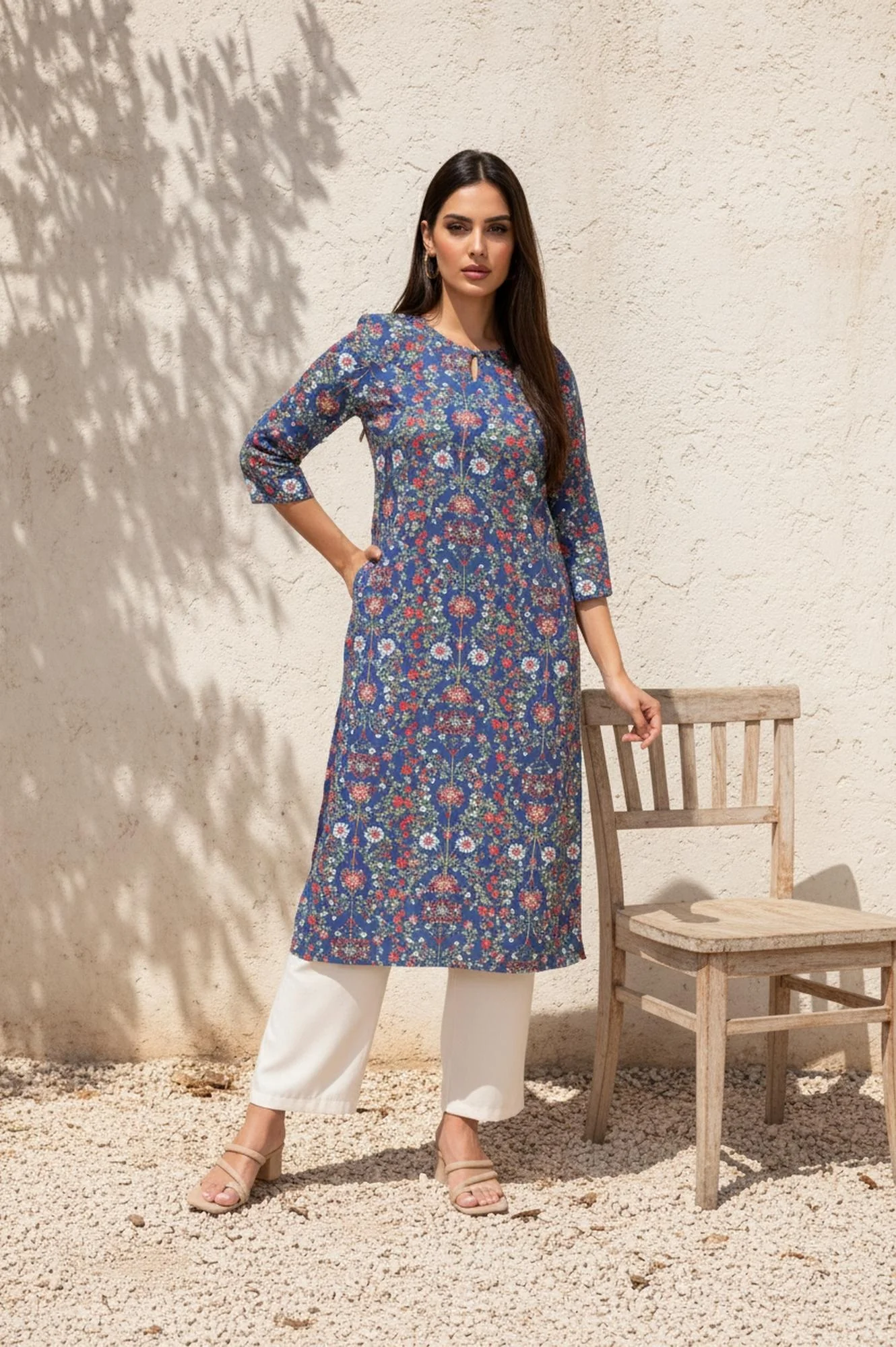 Blue Floral Print Straight Rayon Kurta