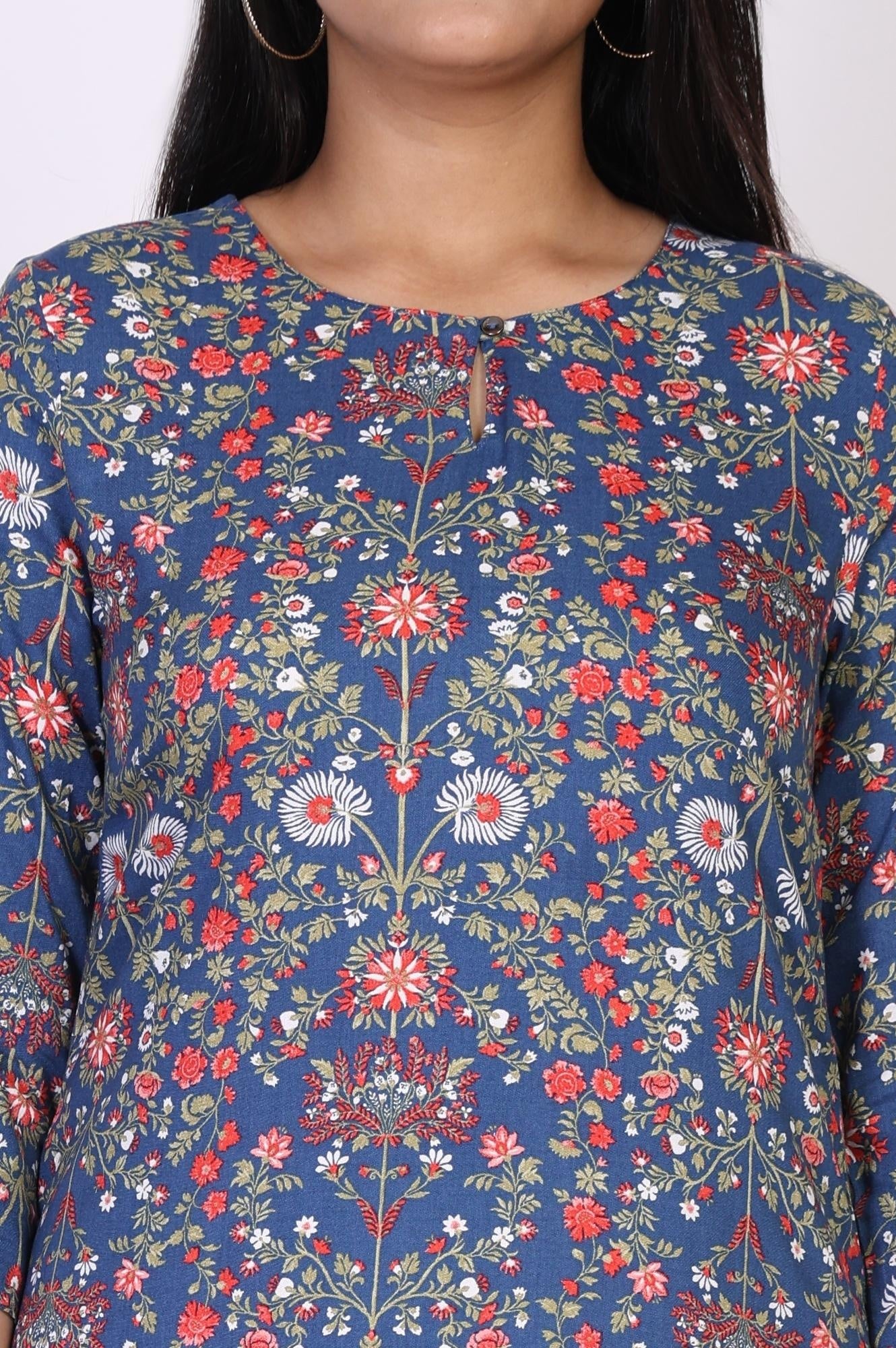 Blue Floral Print Straight Rayon Kurta - Image 3