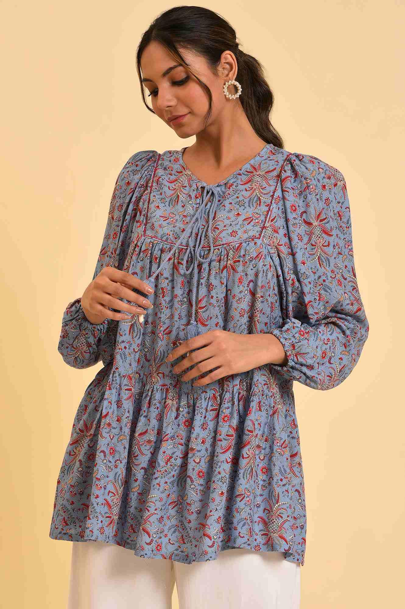 Blue Floral Printed A-Line Top