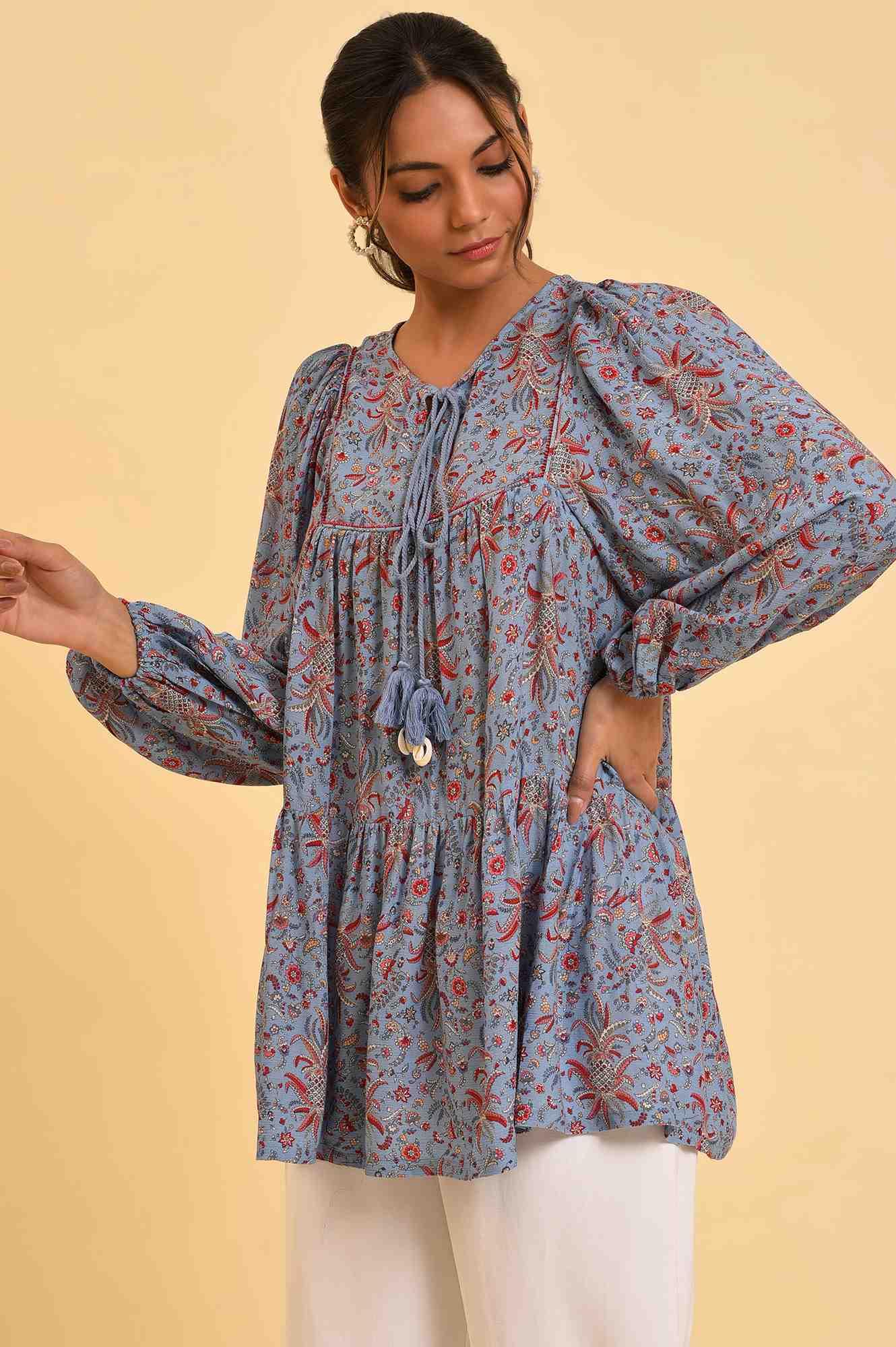 Blue Floral Printed A-Line Top - Image 3
