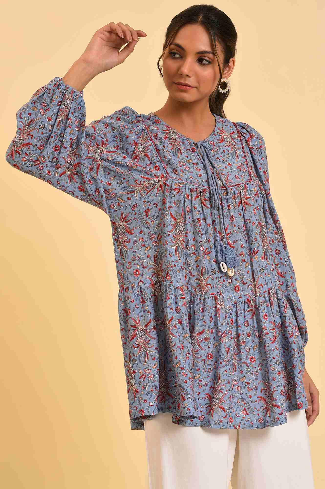 Blue Floral Printed A-Line Top - Image 4