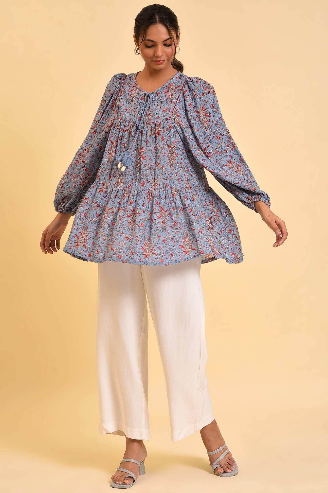 Blue Floral Printed A-Line Top - Image 5