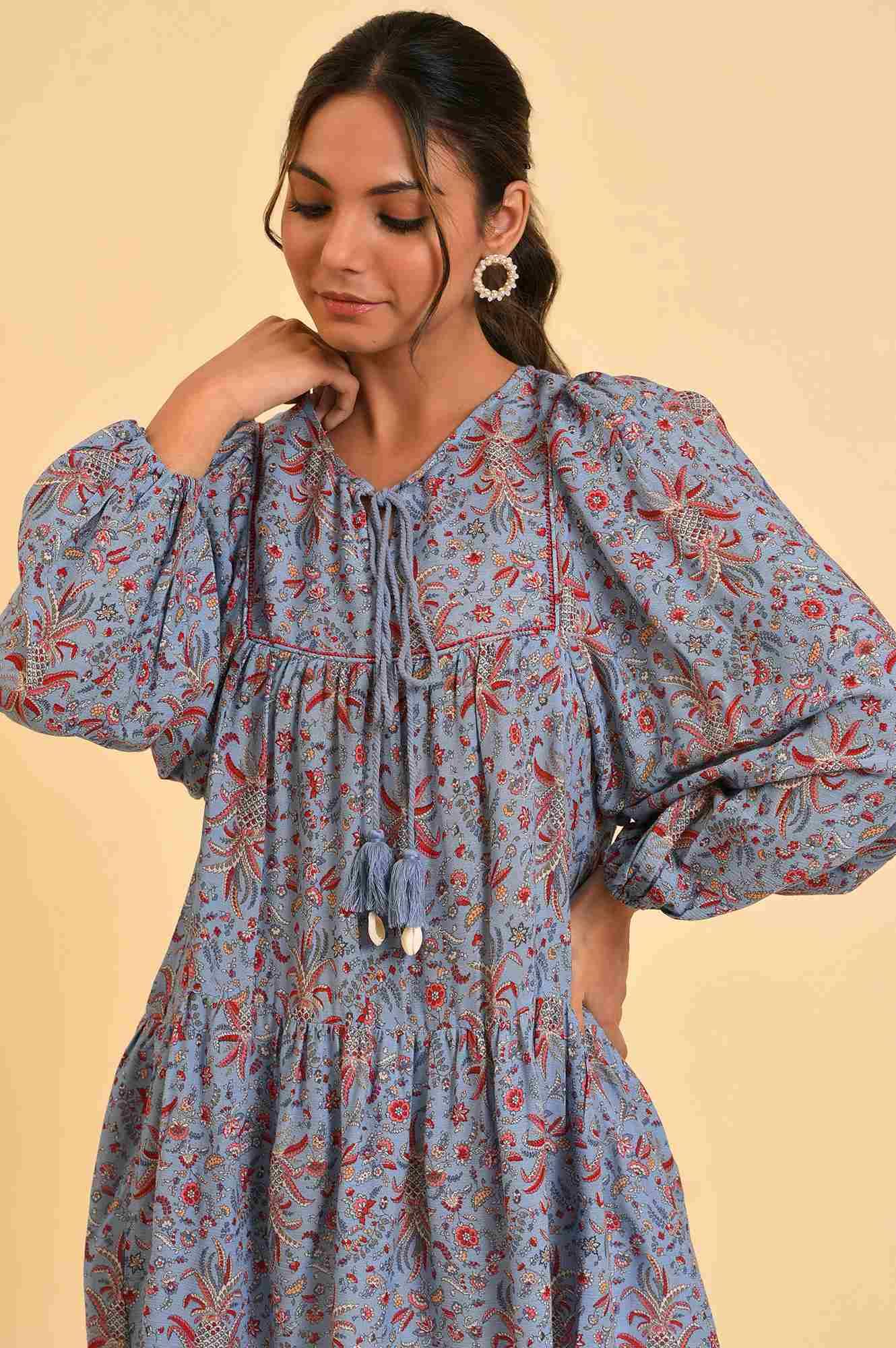 Blue Floral Printed A-Line Top - Image 6