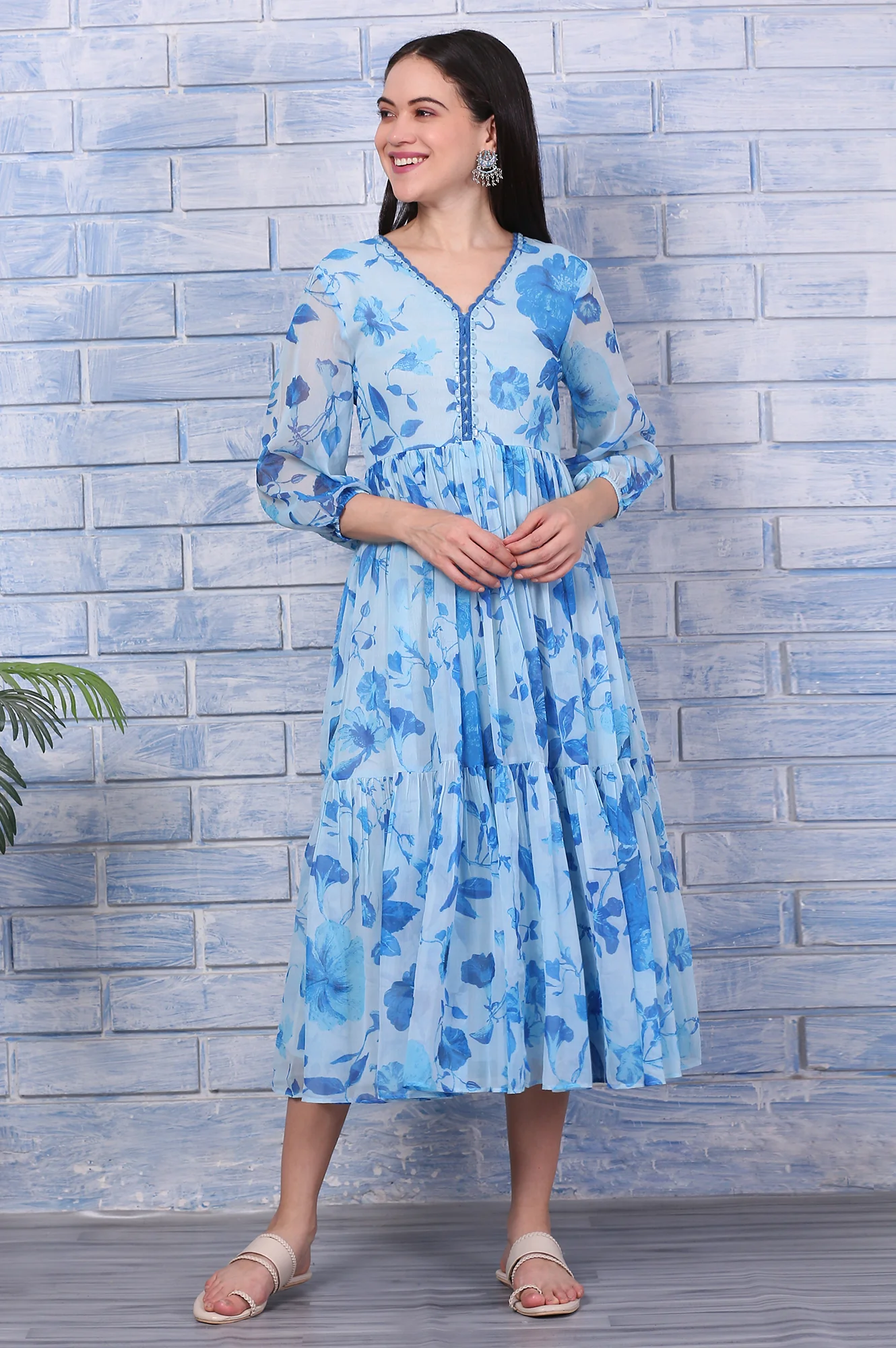 Blue Floral Printed Beaded Dress with Lace - Image 2