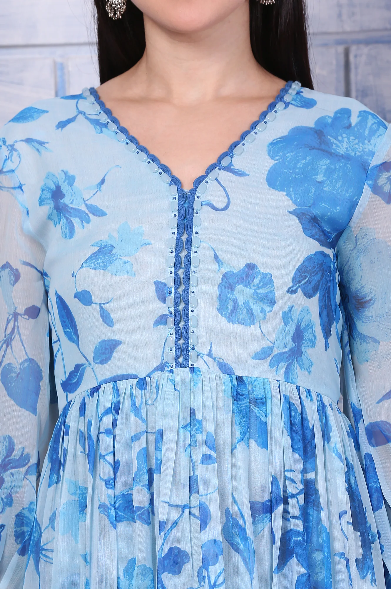 Blue Floral Printed Beaded Dress with Lace - Image 3