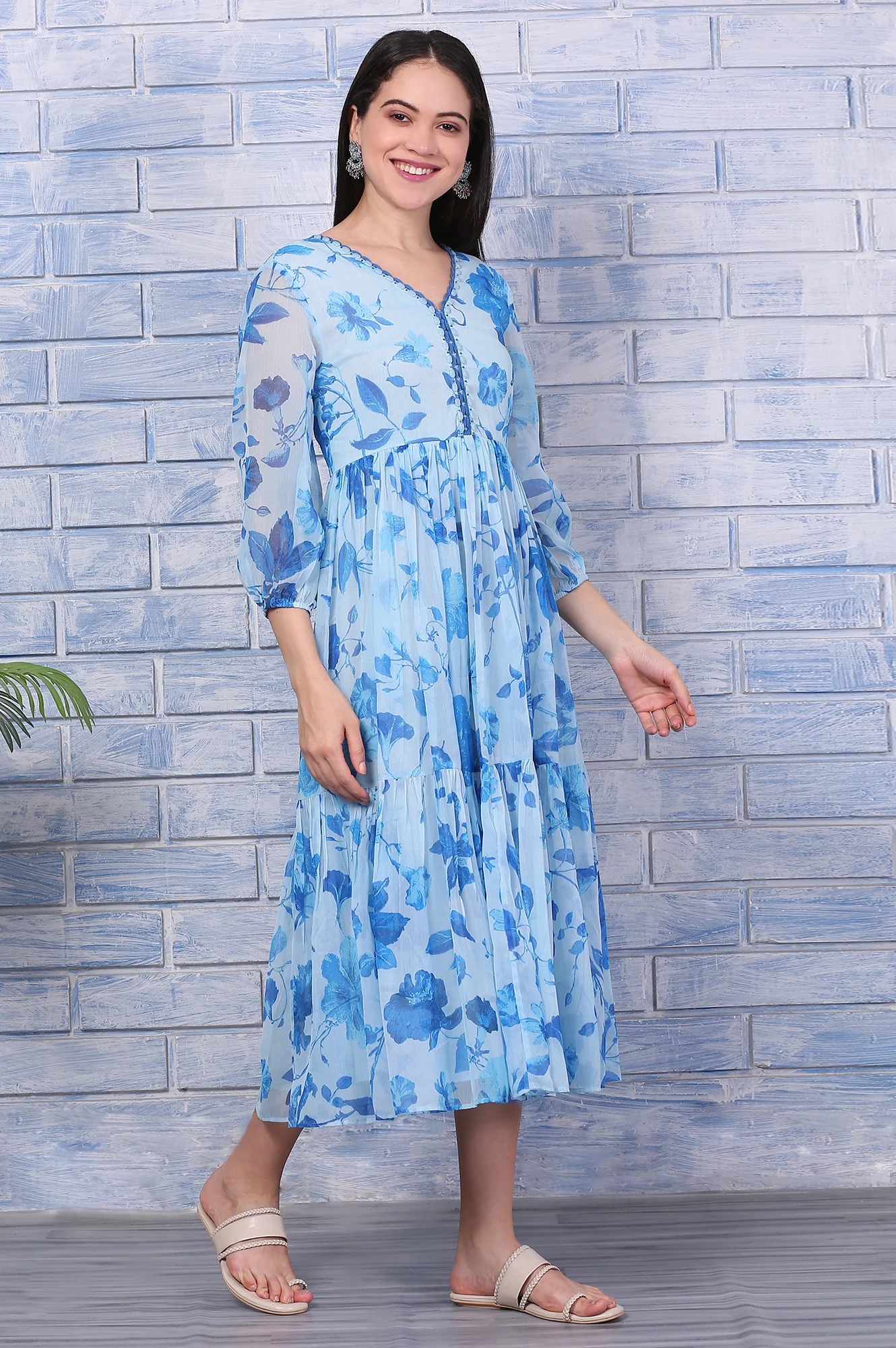 Blue Floral Printed Beaded Dress with Lace - Image 6