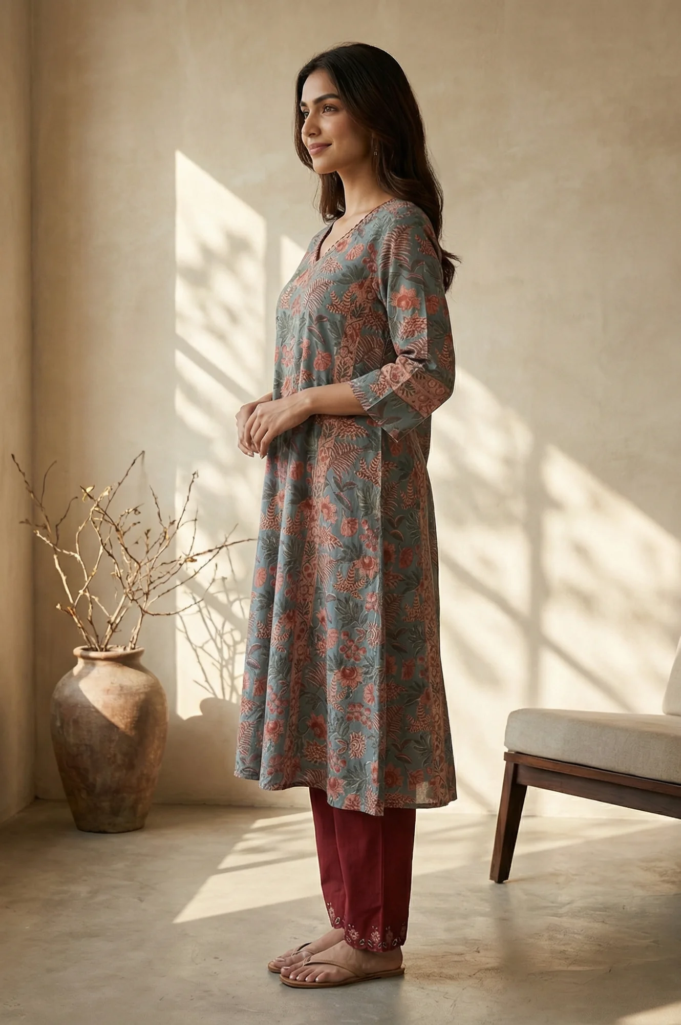 Blue Floral Printed Block Print Mirror work Pure Cotton A-line Kurta - Image 3