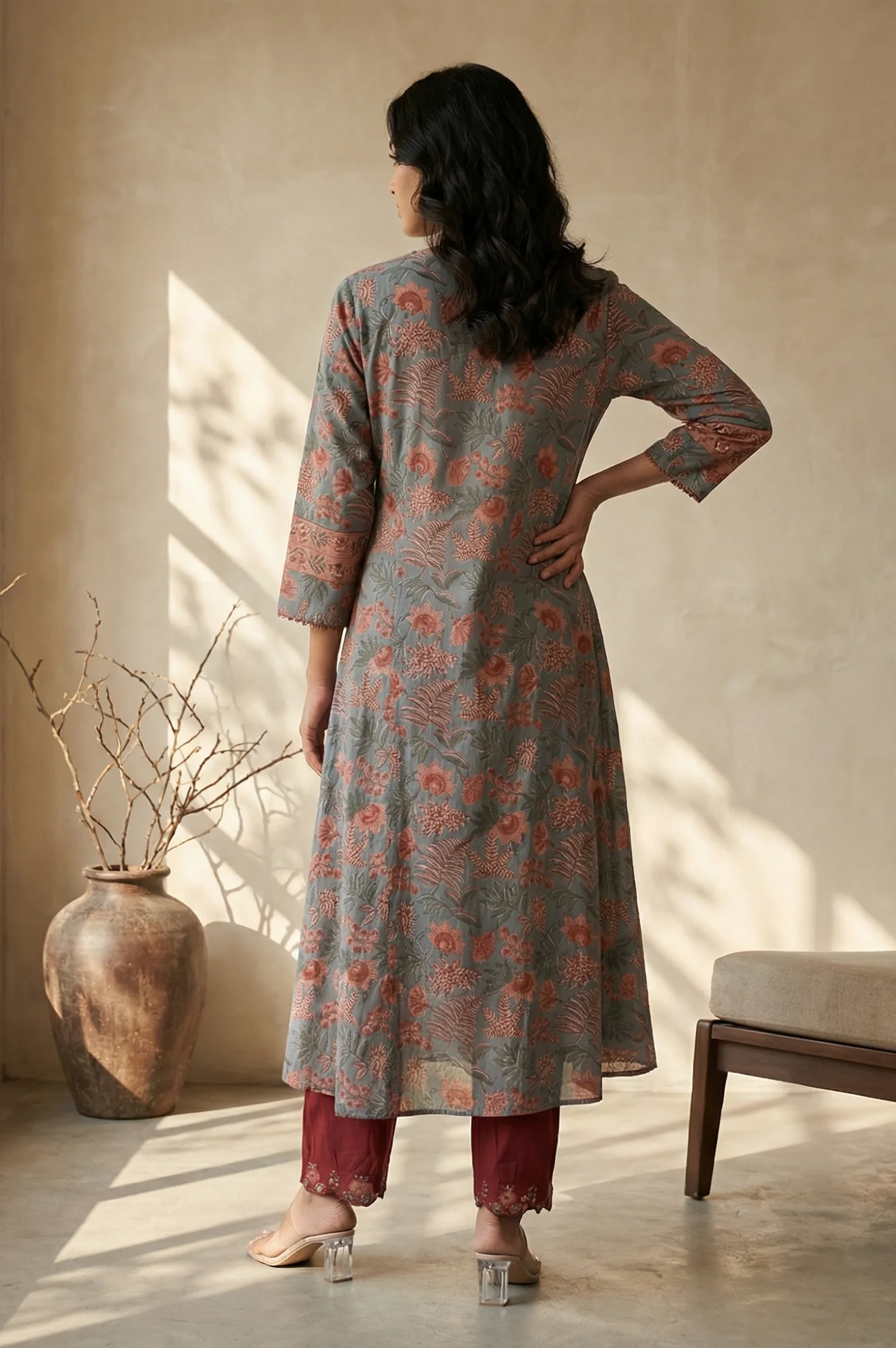 Blue Floral Printed Block Print Mirror work Pure Cotton A-line Kurta - Image 4