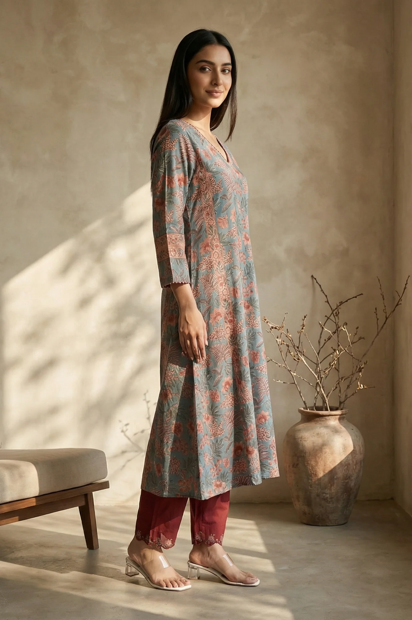 Blue Floral Printed Block Print Mirror work Pure Cotton A-line Kurta - Image 5