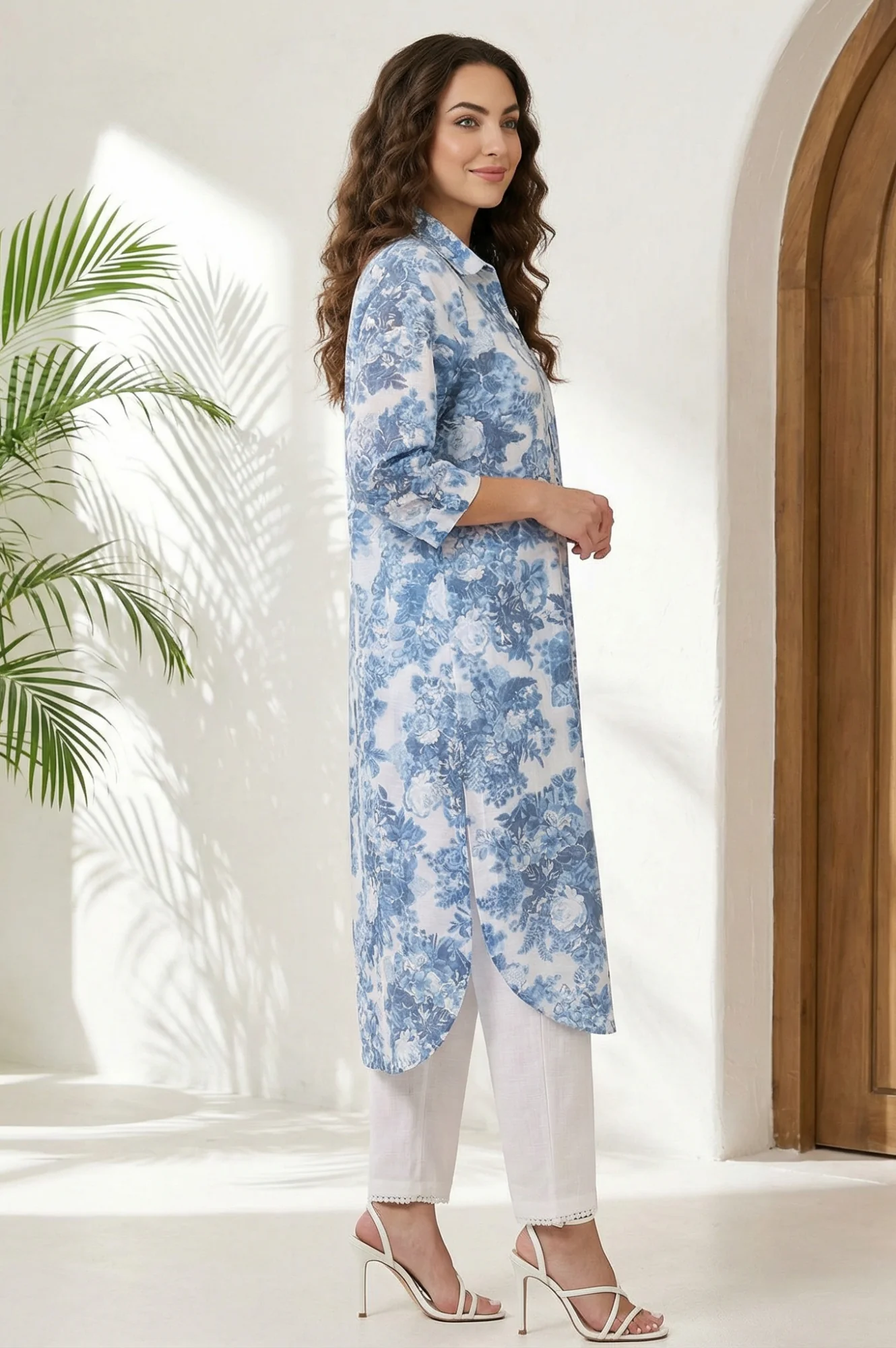 Blue Floral Printed Buttons Pure Cotton Straight Kurta - Image 5