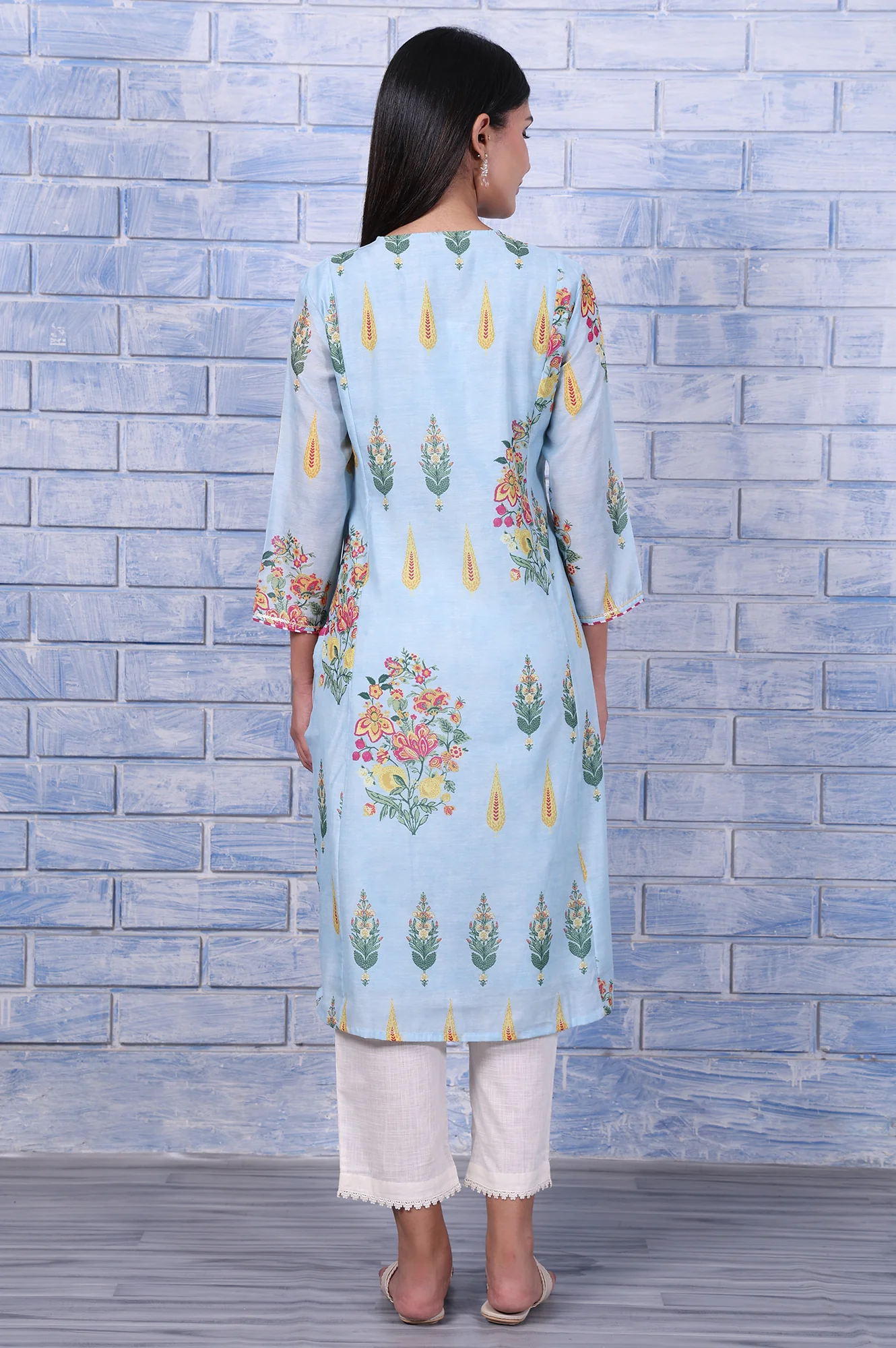 Blue Floral Printed Chanderi A-Line Kurta - Image 5